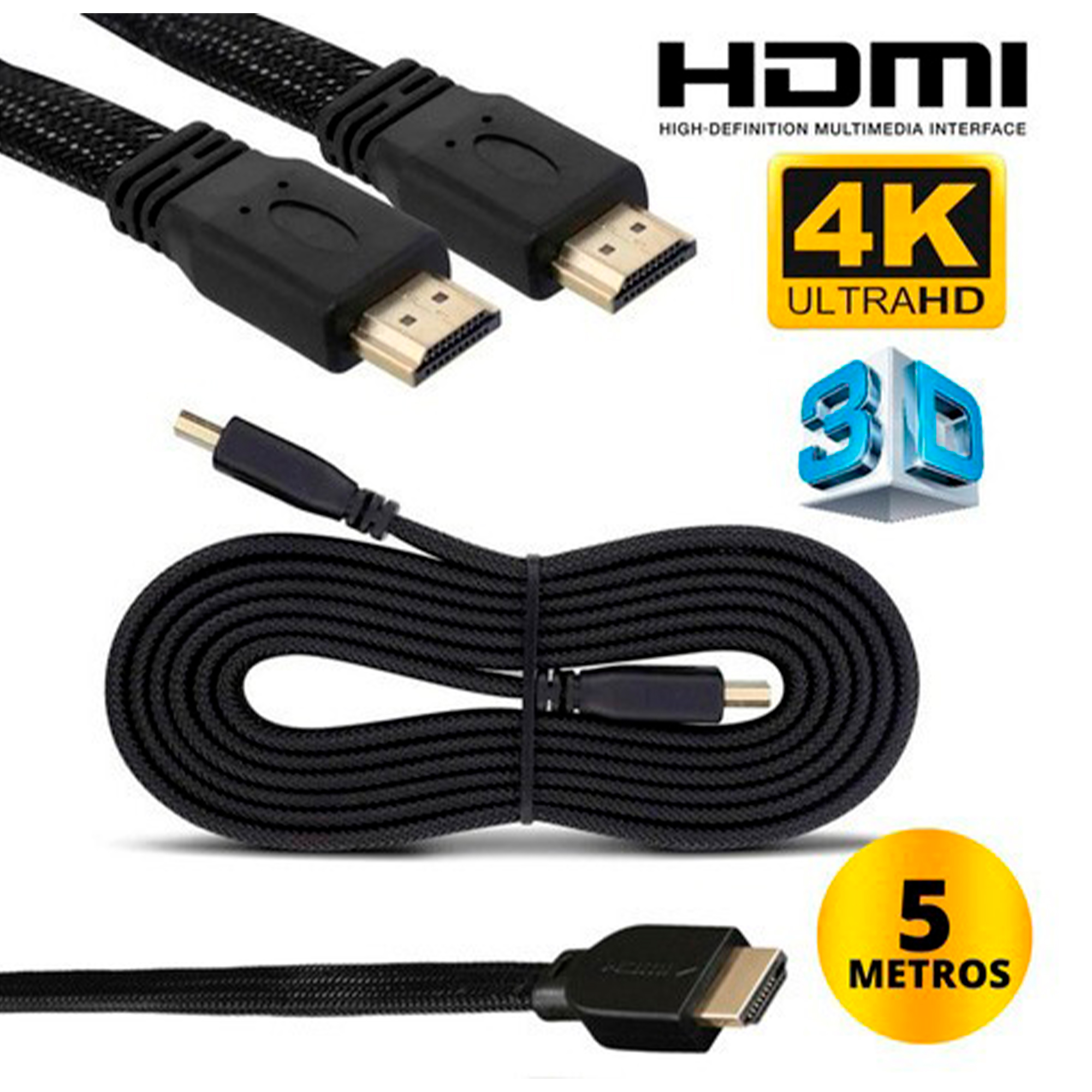 Cabo HDMI 4k 2.0 5 metros hd 3d Gold 5m Blindado Ultra HDR TV PC - Temos  Uai Variedades