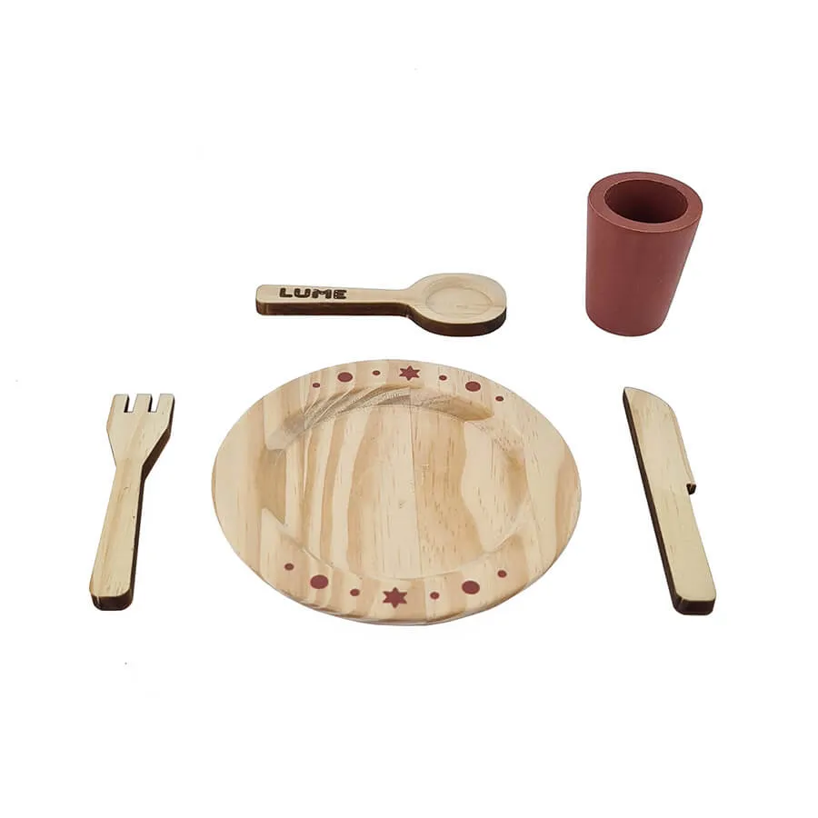 MiniCozinha: Copo, Talheres e Prato TERRACOTA - Lume Brinquedos
