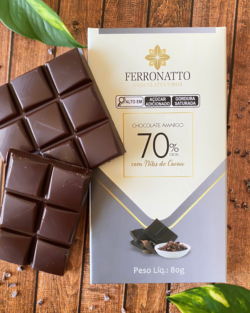 Barra de Chocolate Amargo 70% Cacau com Nibs 80g - Ferronatto Chocolates