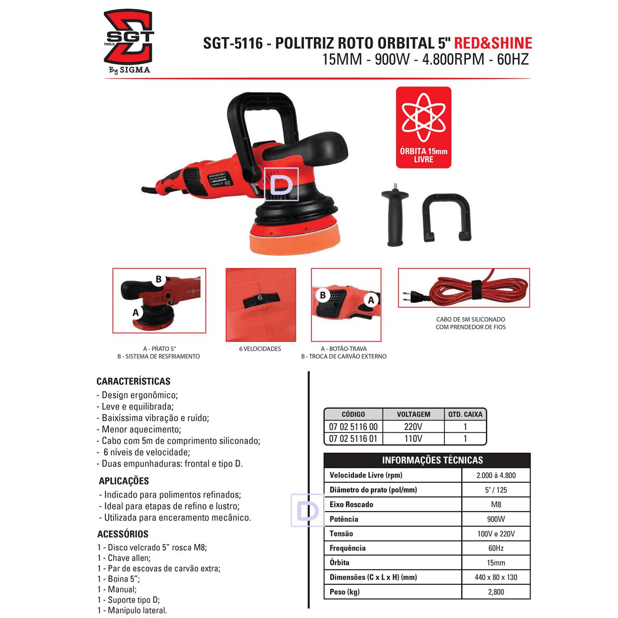 Politriz Roto Orbital 15mm Giro Livre Red & Shine SGT 5116