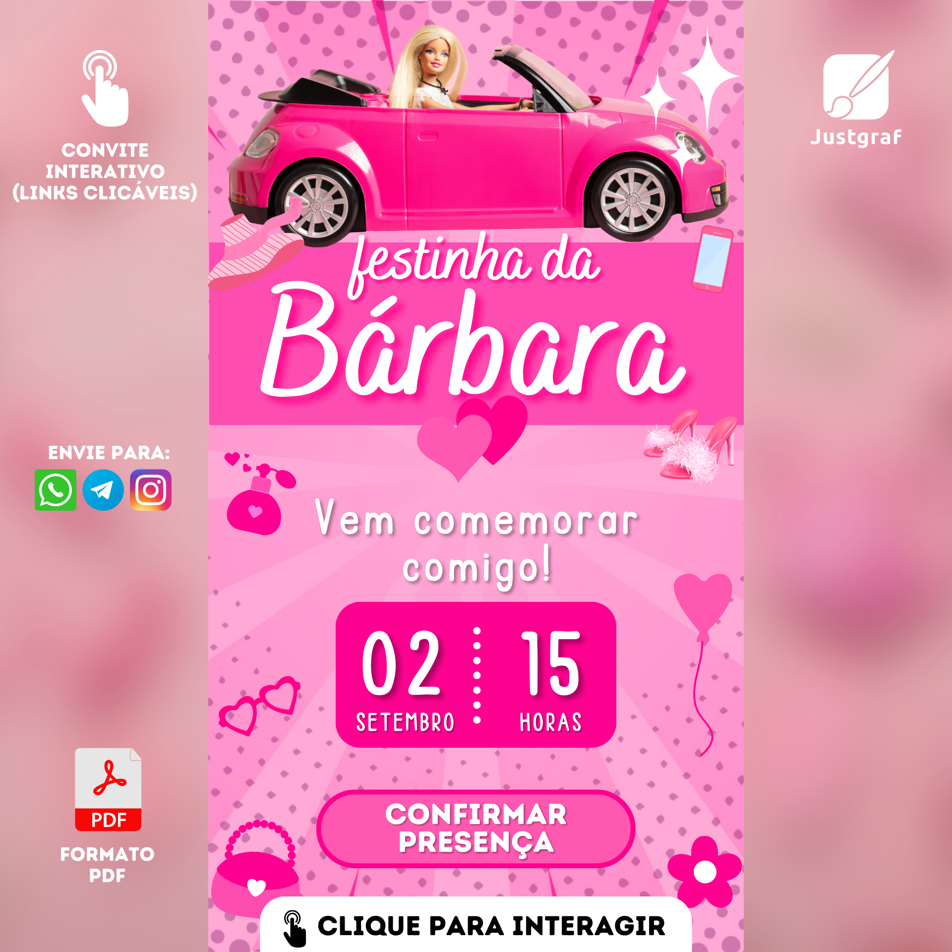 Convite Virtual Barbie com Link Clicável