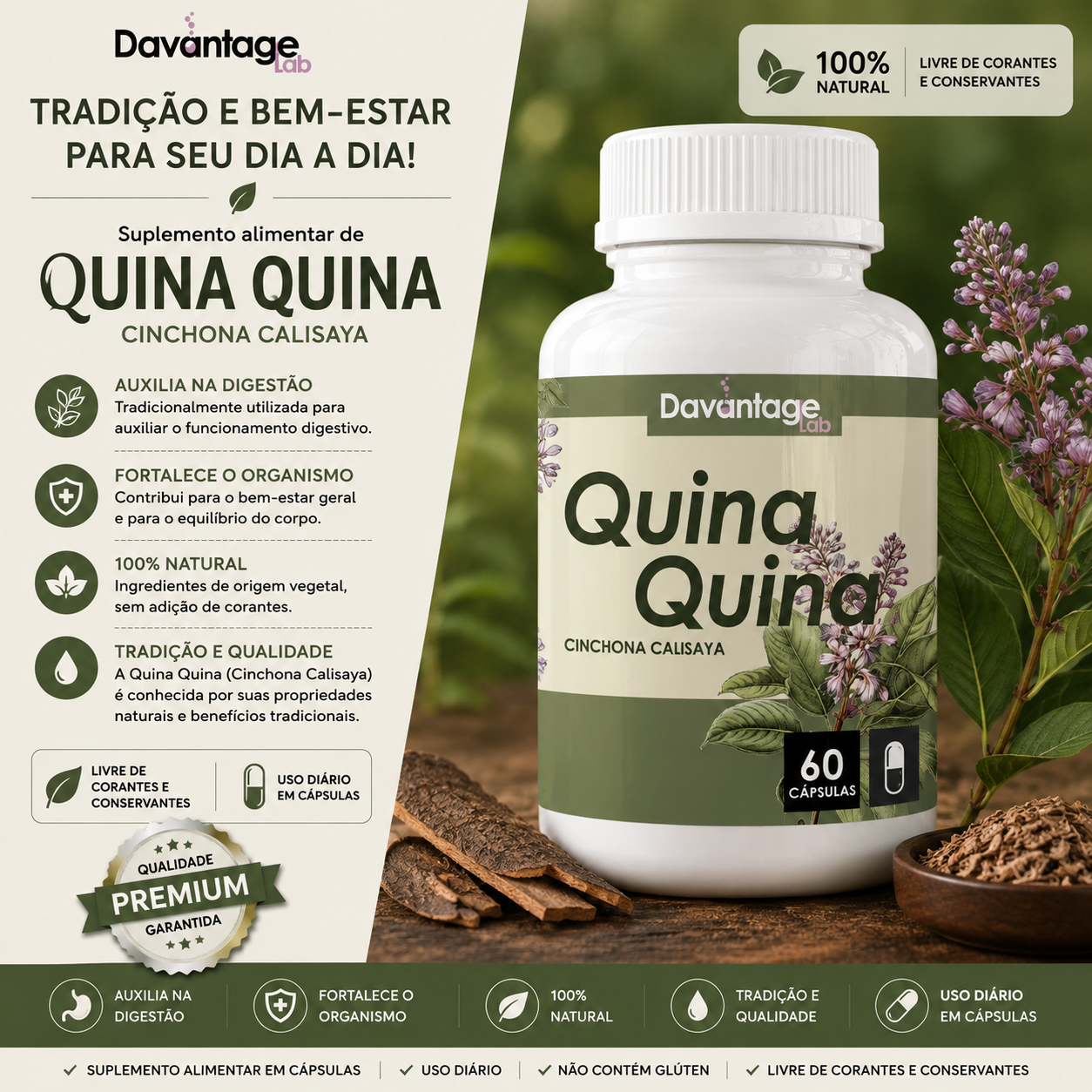 Quina Quina 500mg Pura | Tônico e Digestivo - Davantage Lab
