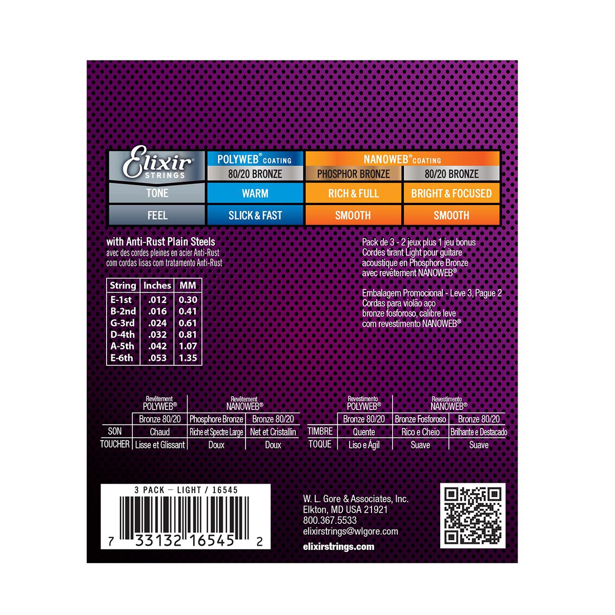 Elixir Cordes Guitare Acoustique Bronze Phosphoreux NANOWEB Light 12-53 - Lot De 4 Sets, Son Durable & Brillant