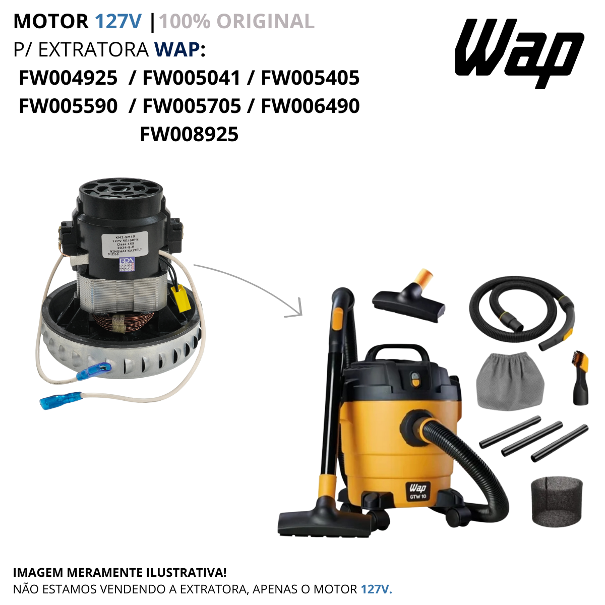 MOTOR 127V P/ ASPIRADOR WAP GT INOX GTW INOX 12L BIOVAC 10L GTW 10L GTW ...