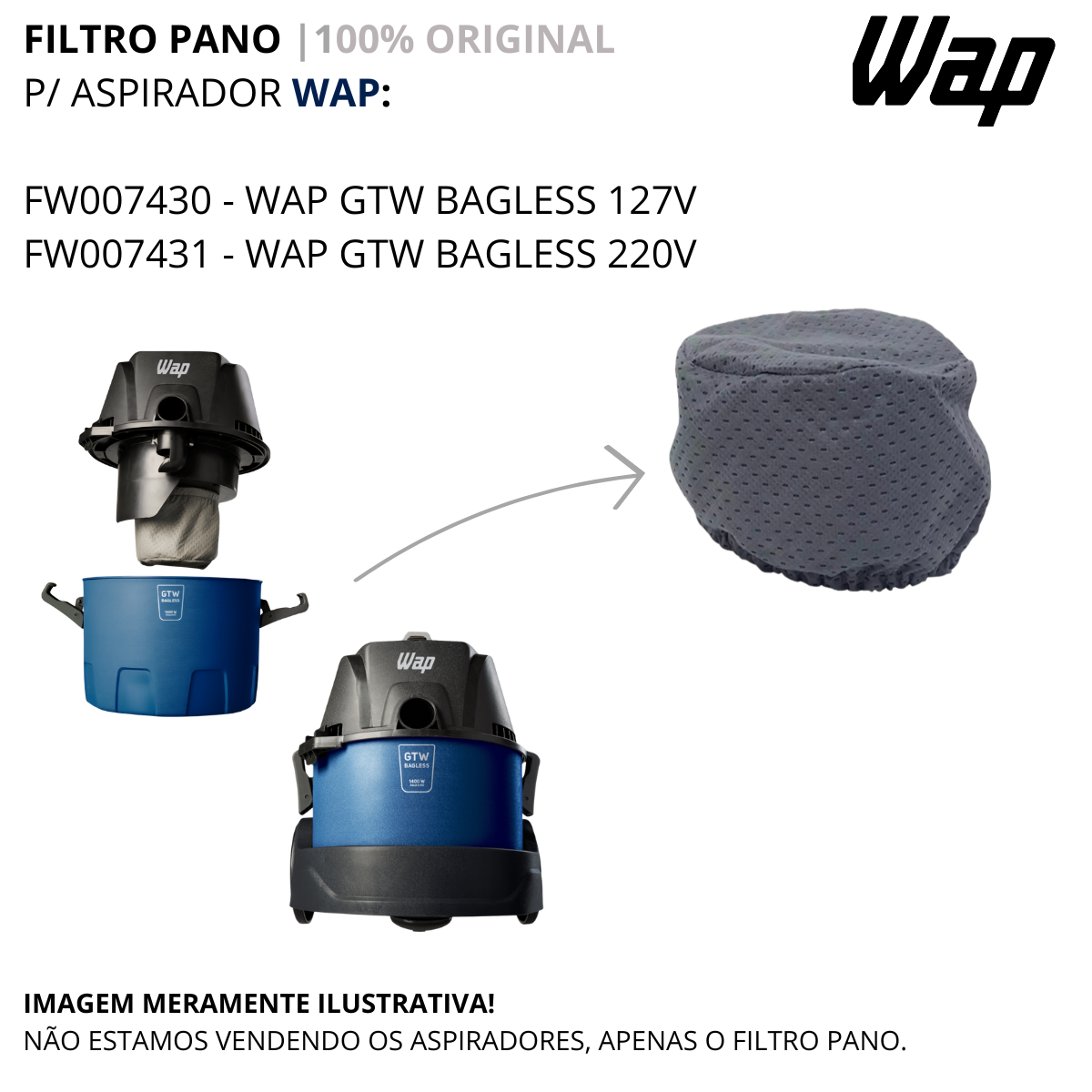 FILTRO PANO ORIGINAL P ASPIRADOR WAP GTW BAGLESS FW007430 / FW007431 ...