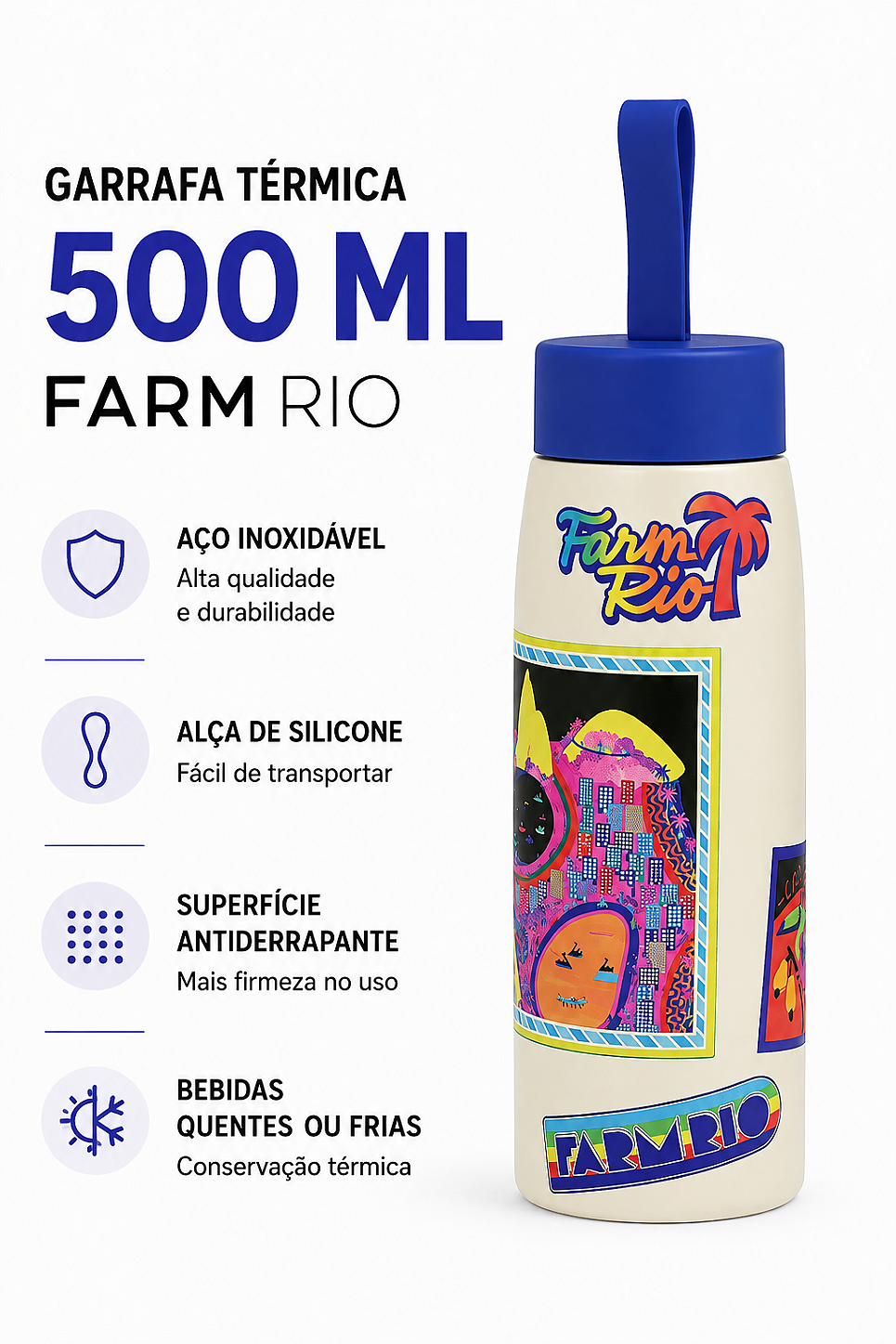 Garrafa Térmica Farm Que Sede 500ml – Estampa Patch Rio Azul