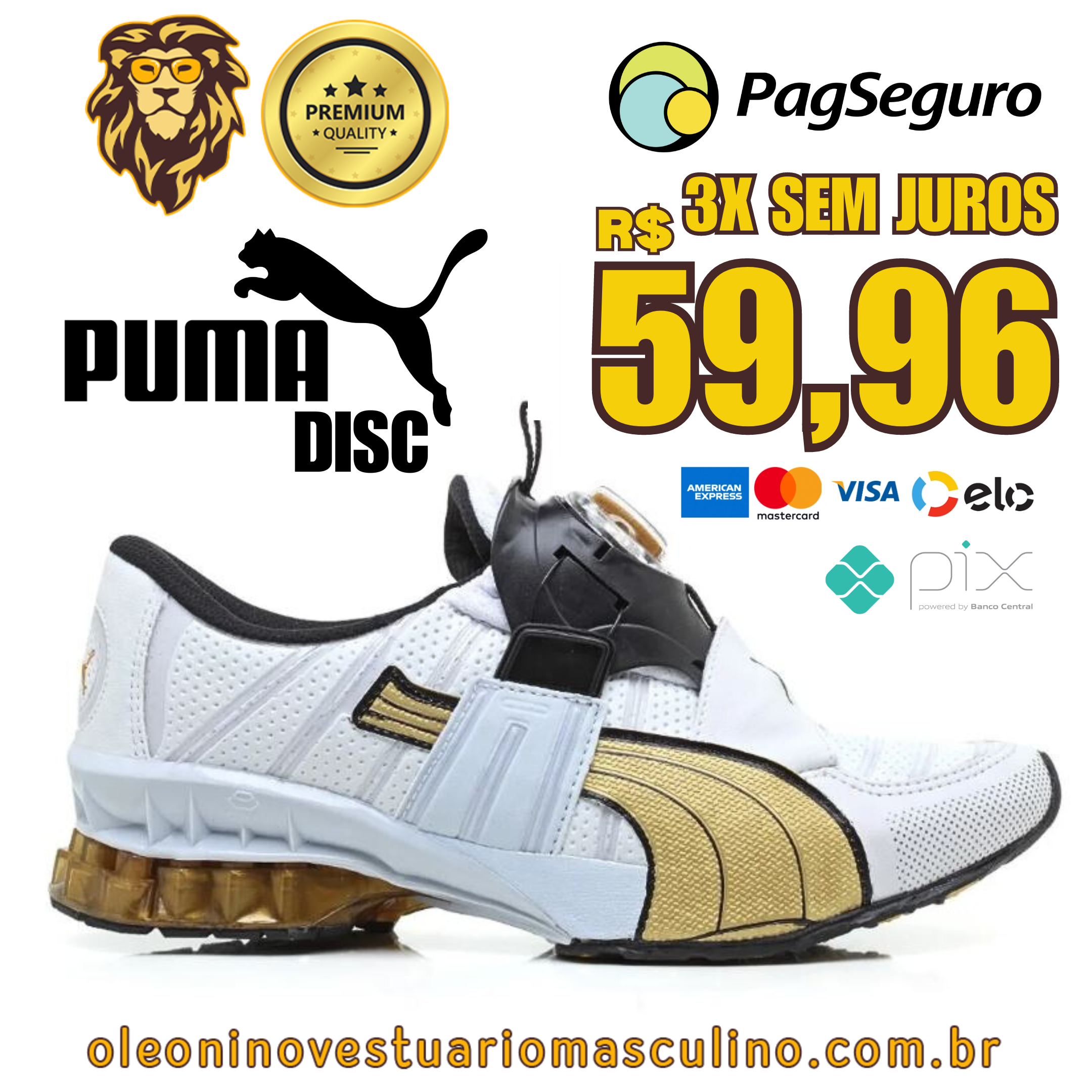 Puma Disc Aether Cell ・ (Branco e Dourado) - O LEONINO - Vestuário Masculino
