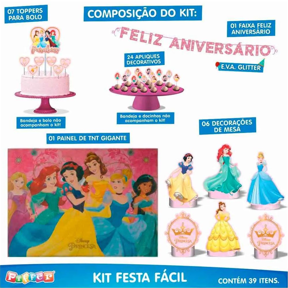 Kit Festa Pronta Decoração Princesas - 39 unid - Pular e Brincar