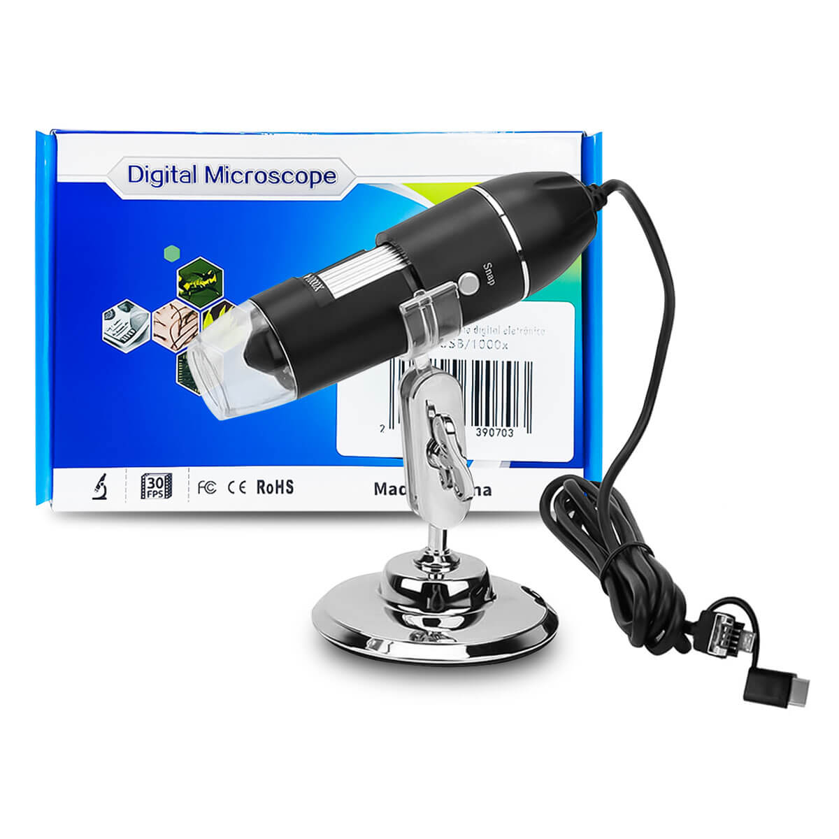 Microscópio Digital USB 1000X + Suporte C/ Ajuste de Altura -Usinainfo