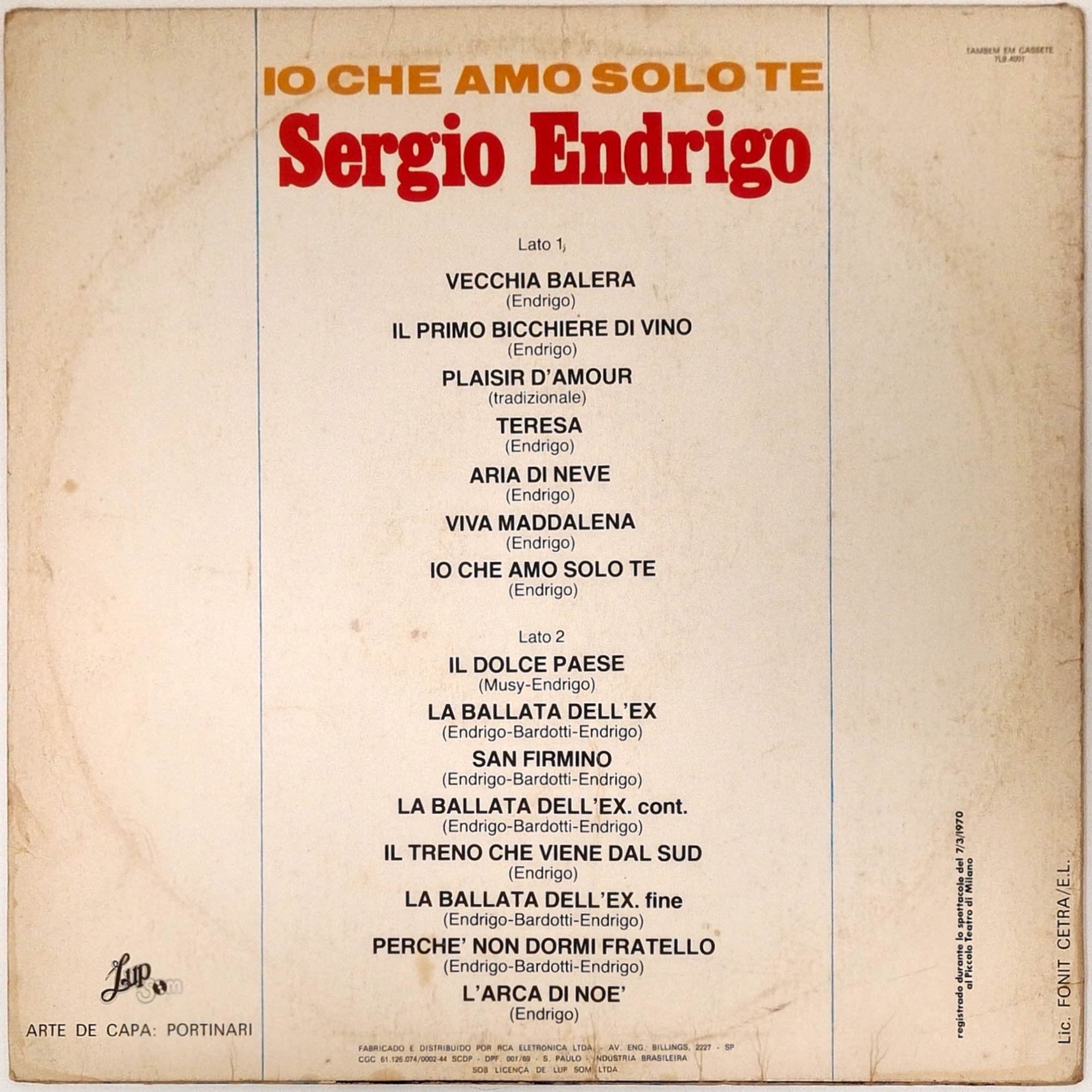 LP Sergio Endrigo - Io Che Amo Solo Te Disco Vinil 1982 - Hm - Sua loja ...