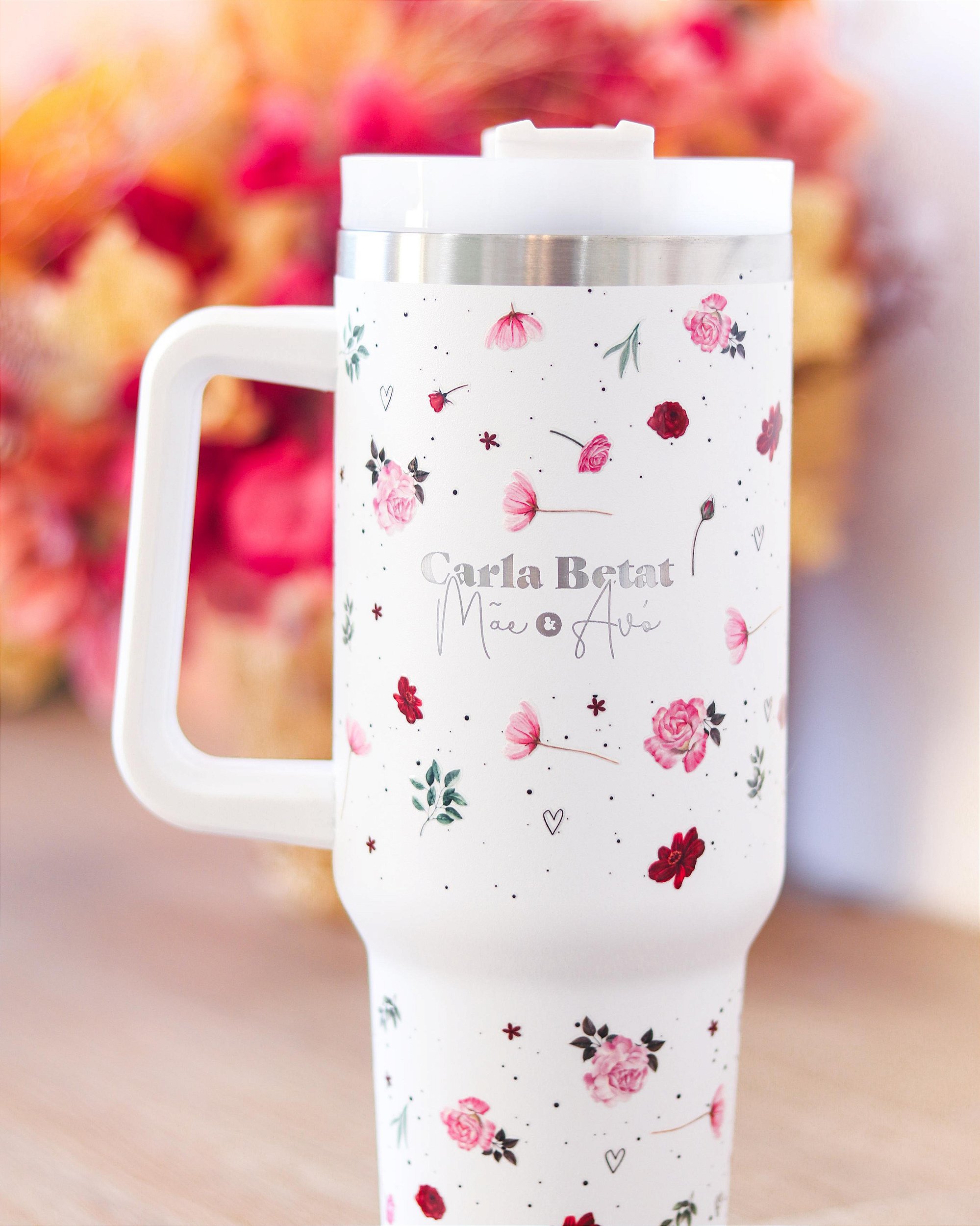 Copo Zaya 1,2L com alça gravado a laser jardim rosa - Aqui Tem