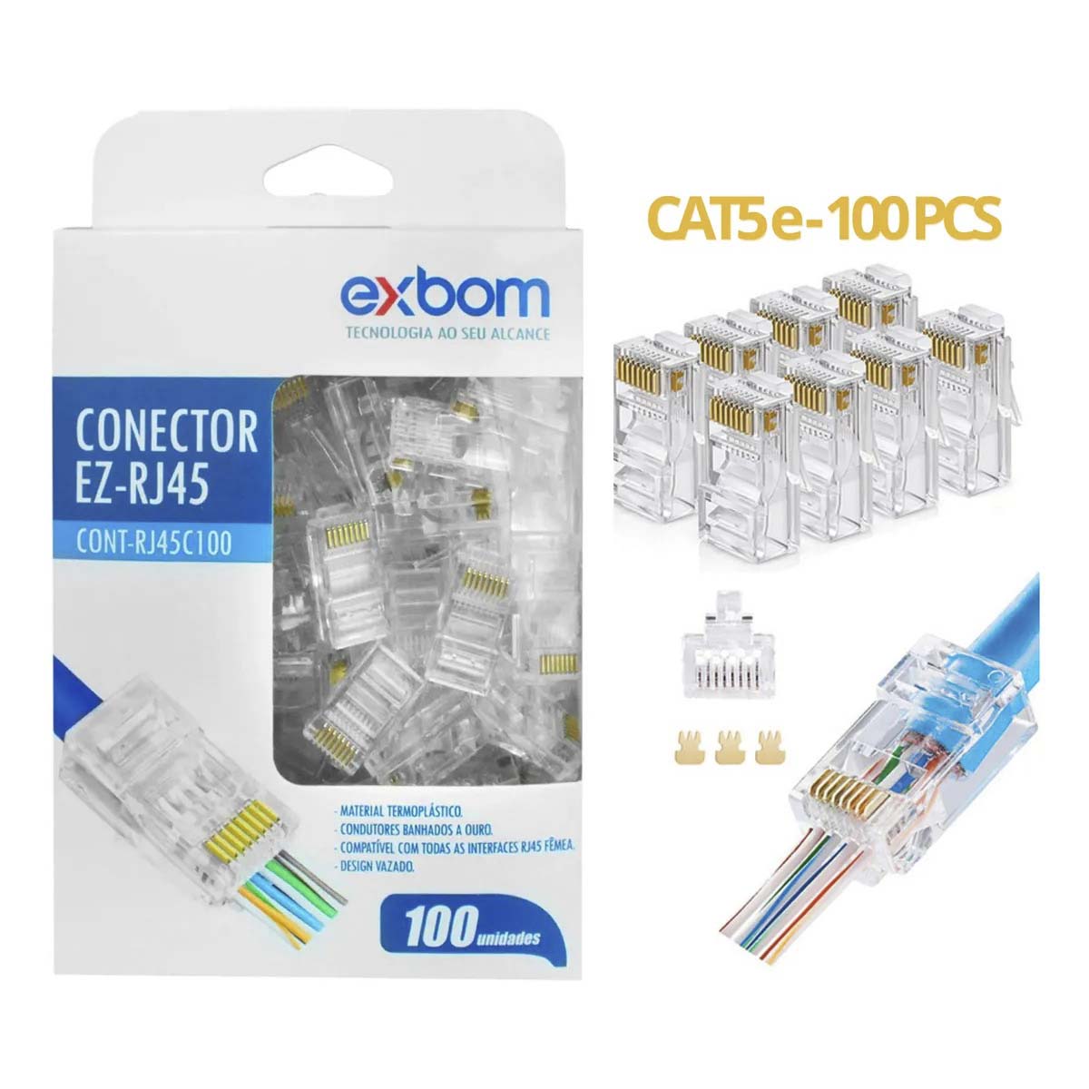 Kit 100 Conector Rj45 Vazado de Passagem Cat5E Ez Crimp - Digimer