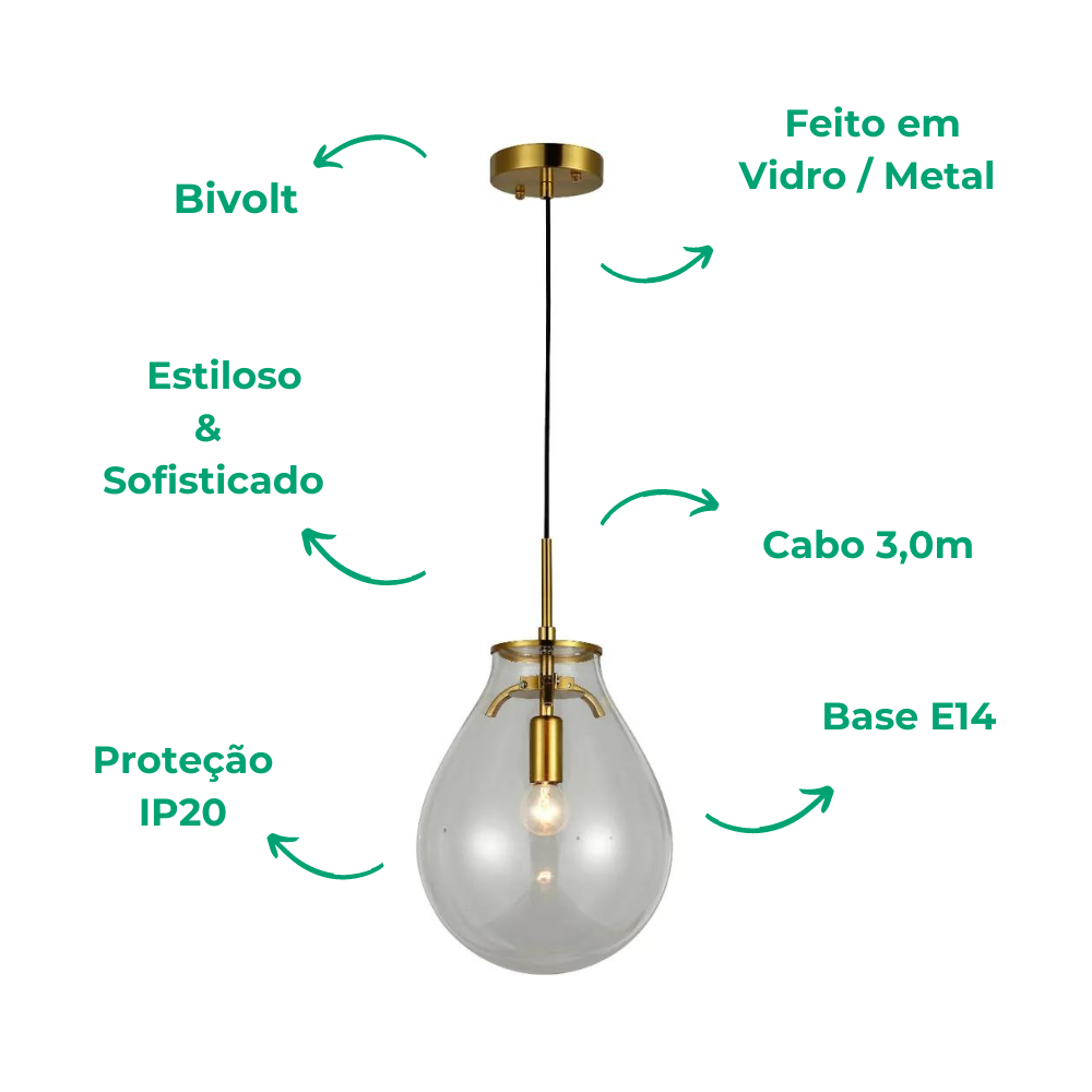 Pendente Caju Dourado Cúpula Vidro 29cm E14 Bella St1882 - Lux iluminação