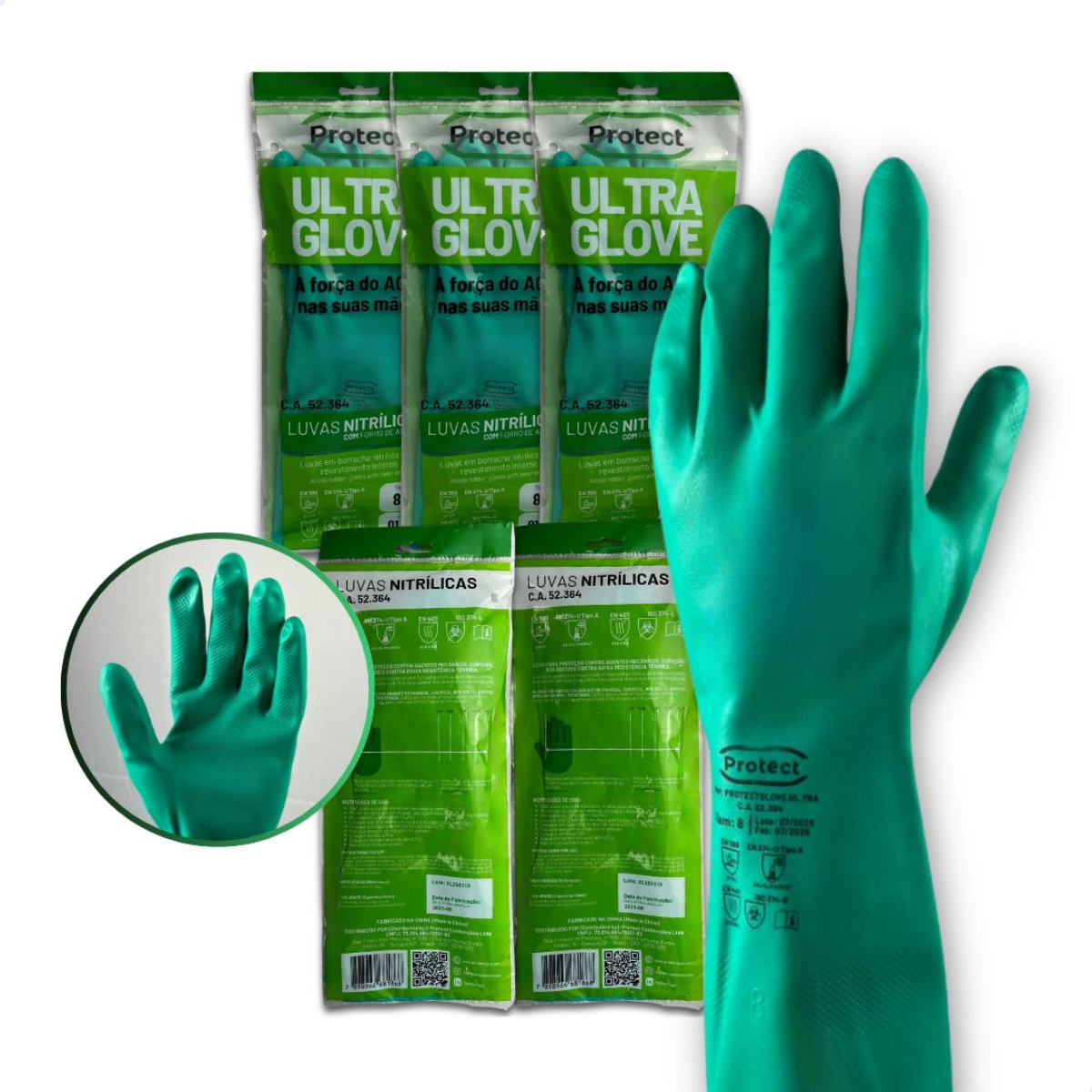 Luva Nitrilica Verde com Forro Ultra Glove Protect Ca 52364