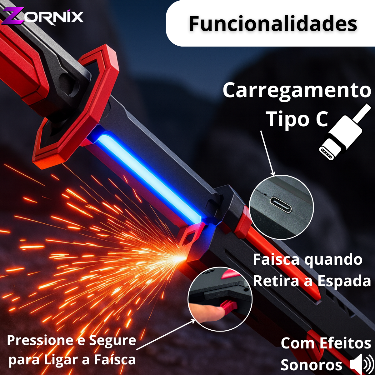 Espada Katana Zornix 44cm Com Led Rgb, Fumaça, Faísca Brinquedo