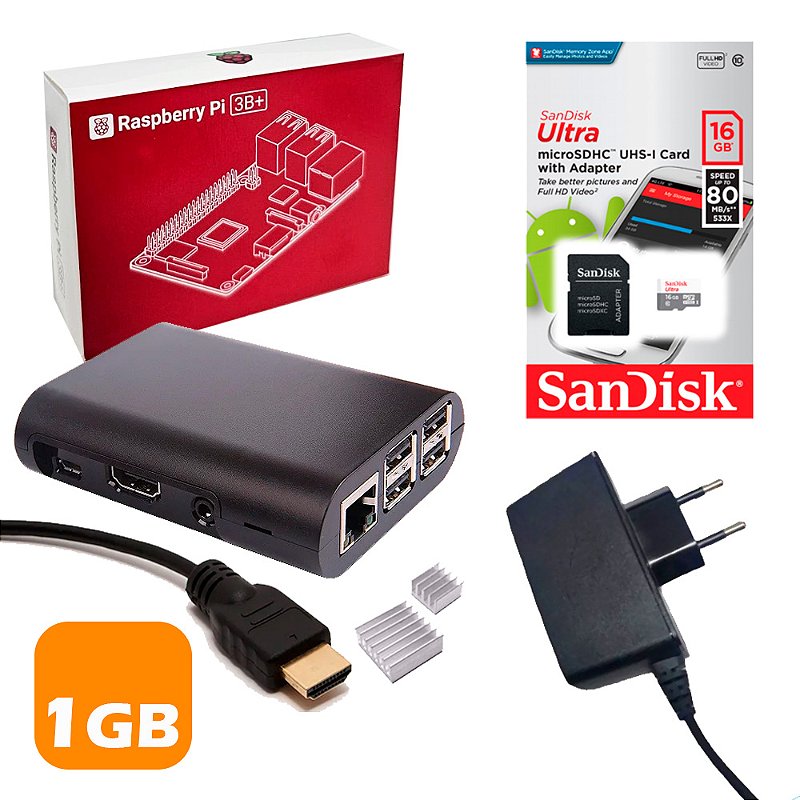 Kit Raspberry Pi 3 B+ Plus MicroSD 16GB Case Dissipadores Fonte Cabo ...