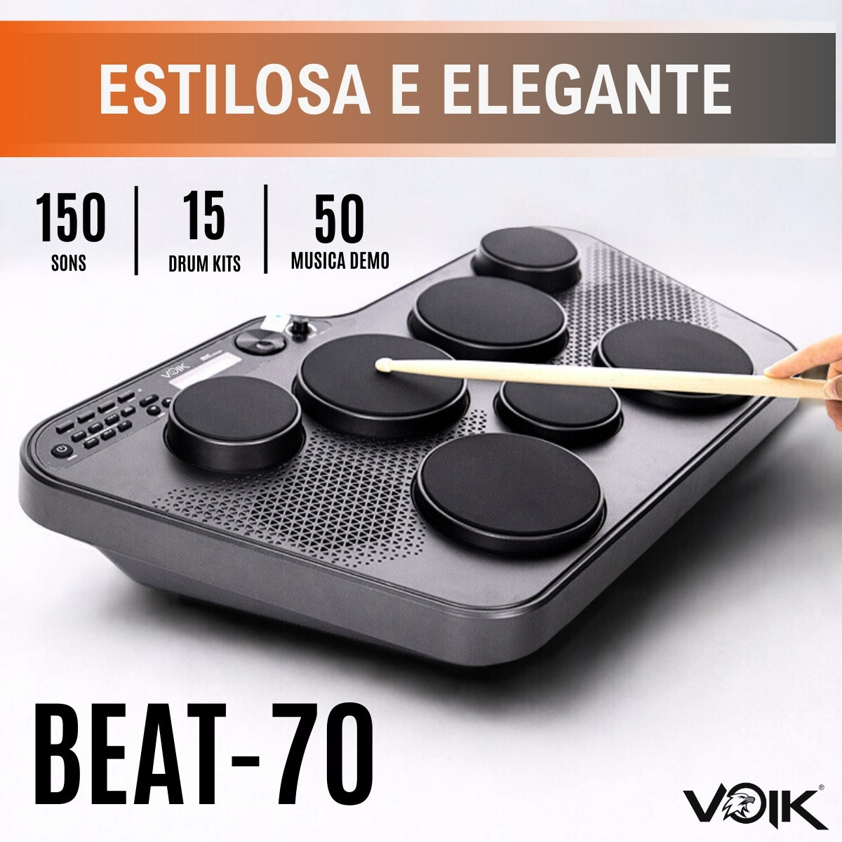 Bateria Eletrônica Portatil 7 Pads Voik Beat-70 com Baqueta - VOIK