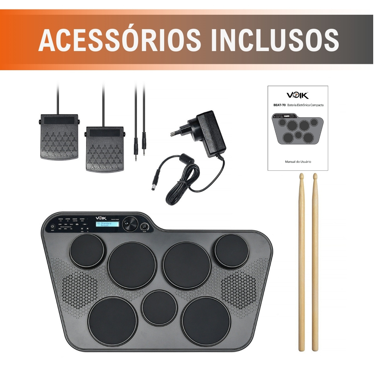Bateria Eletrônica Portatil 7 Pads Voik Beat-70 com Baqueta - VOIK
