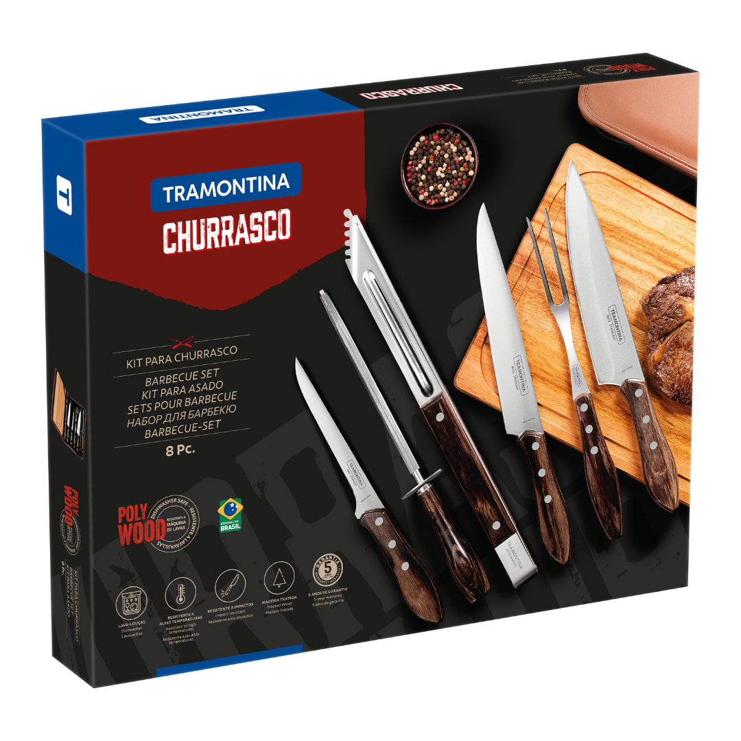 Tramontina Kit para Churrasco Aço Inox Polywood Castanho 8 Peças ...