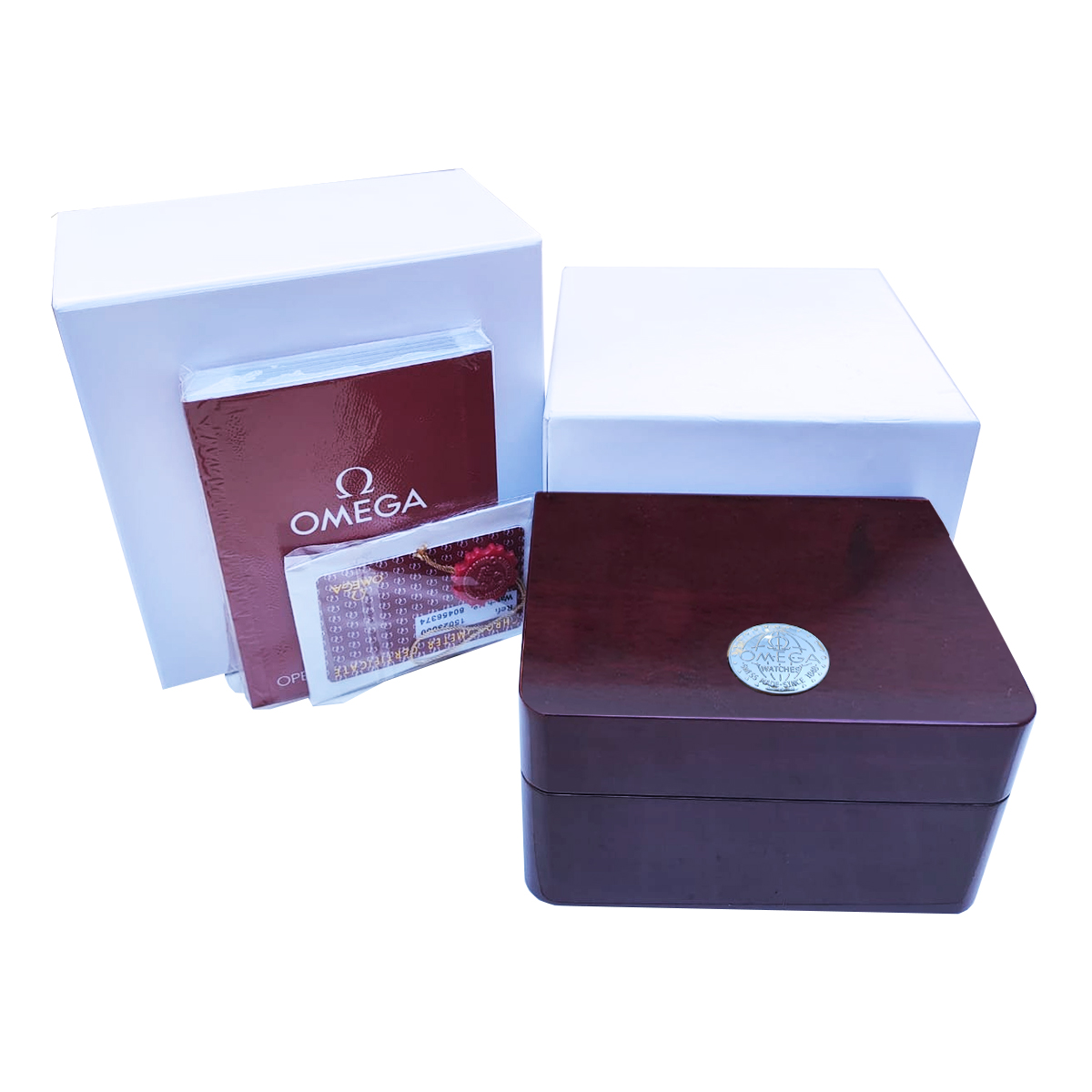 Caixa Para Relógio Omega em Madeira Vermelha e Logo Prateado - Box