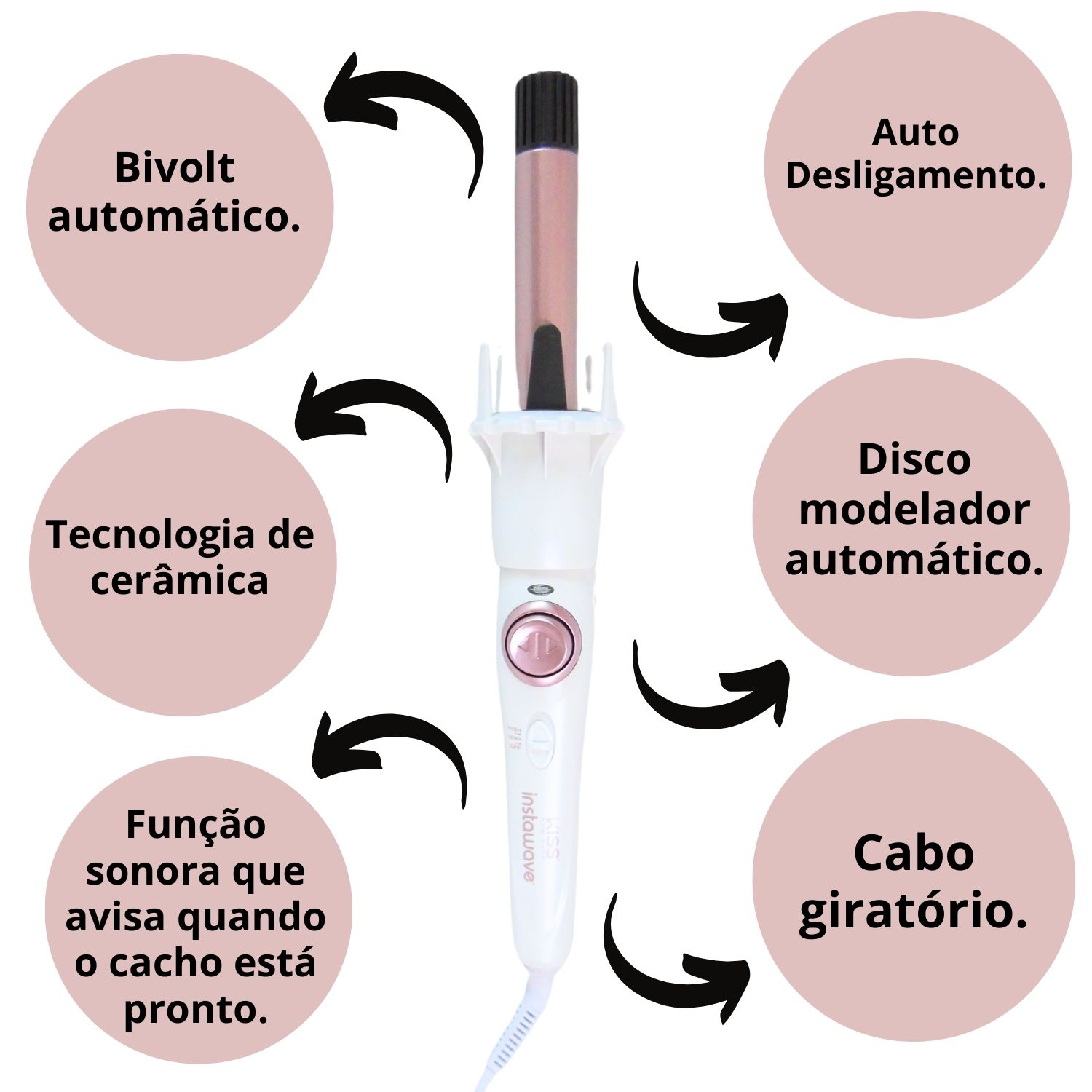 Modelador Automático Kiss New York Instawave Branco/Rose Bivolt