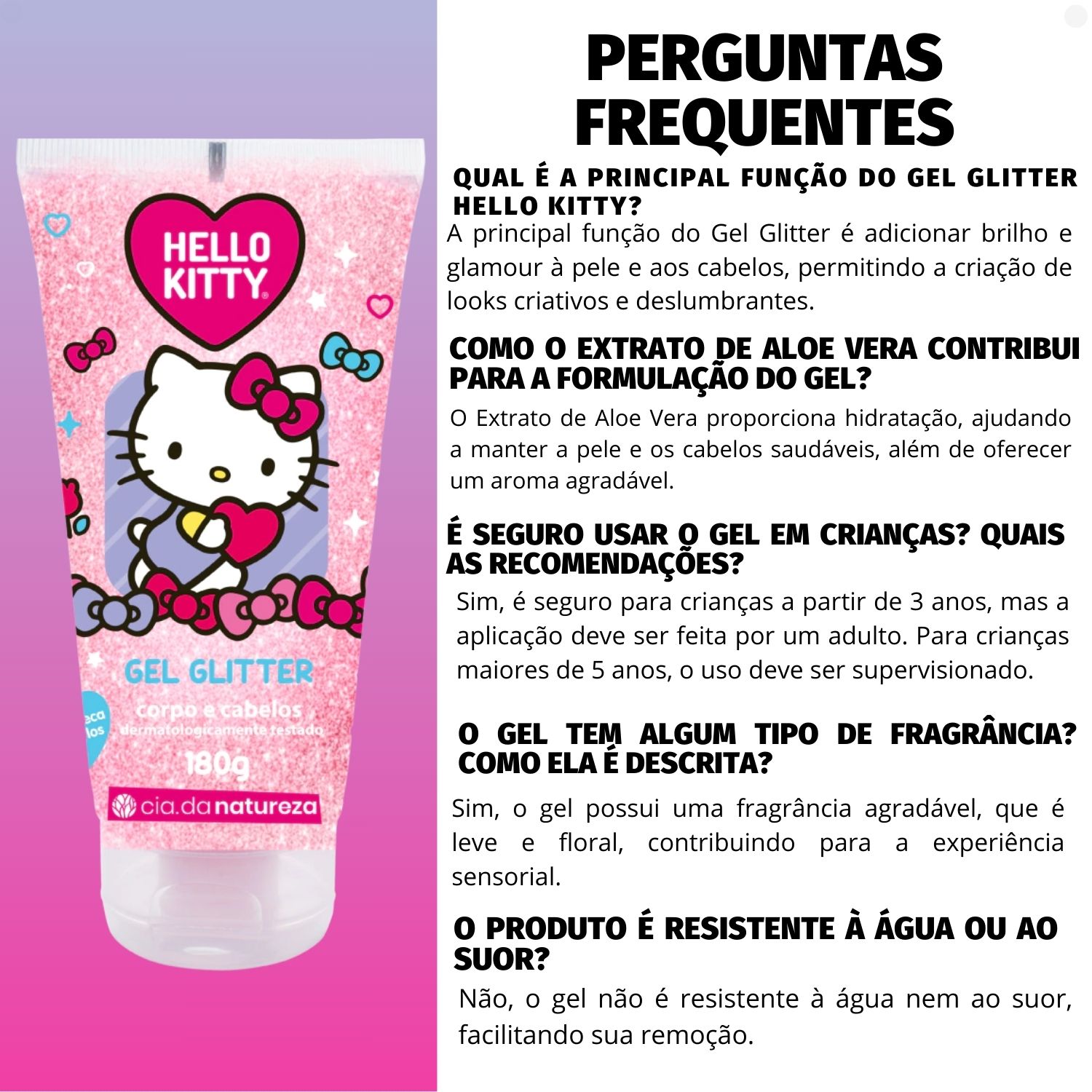 Gel Glitter Cia da Natureza Hello Kitty Corpo e Cabelo 180g