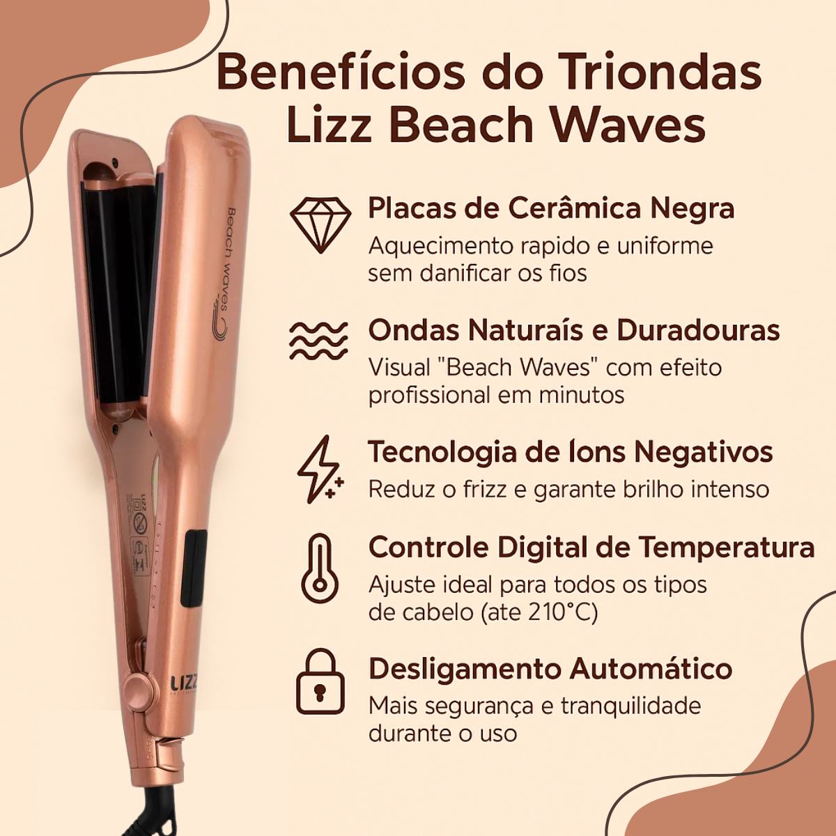 Chapa Triondas Lizz Beach Waves Bivolt 210°C - Teruya - Cosméticos