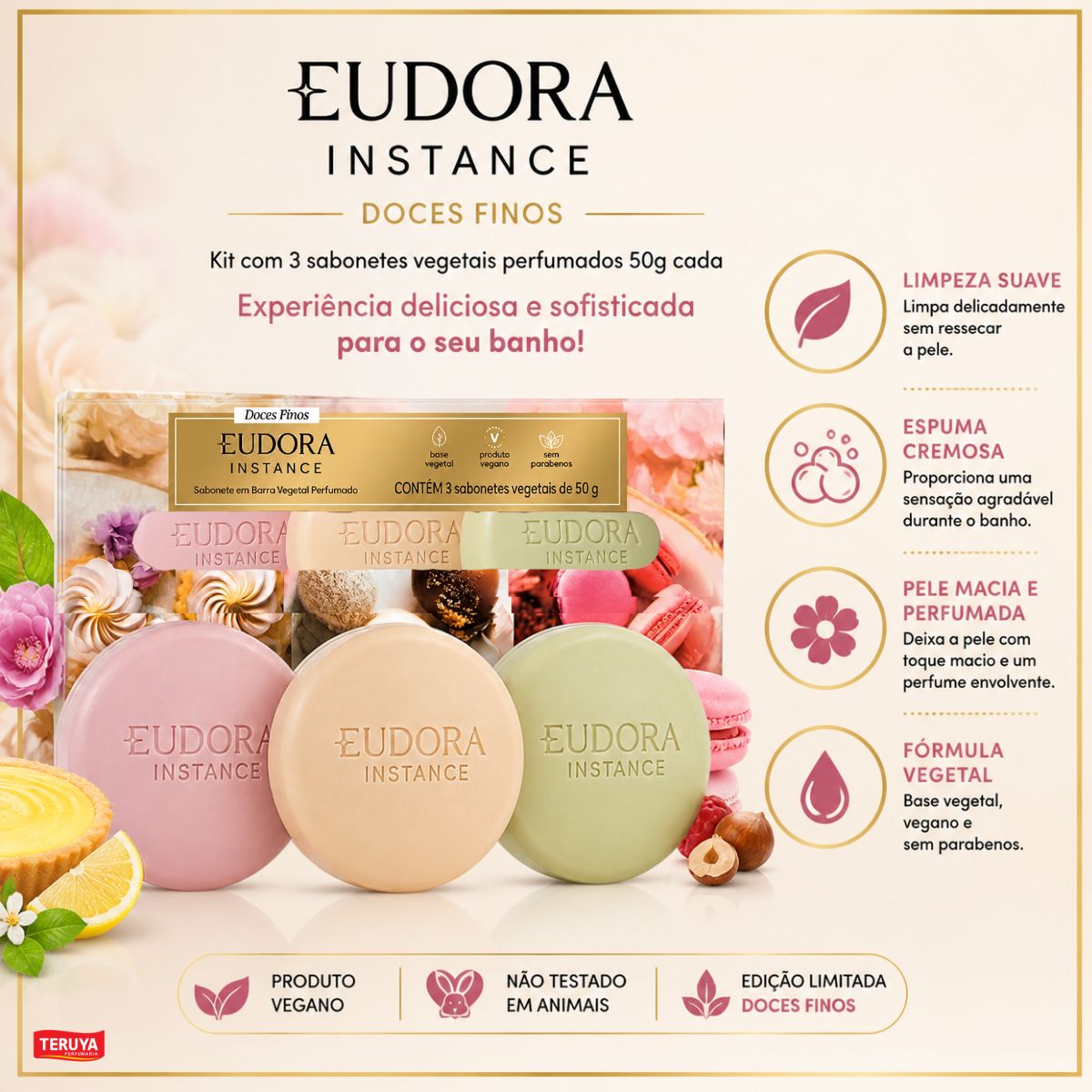 Instance Sabonete Kit Eudora Instance: 3 Sabonetes Vegetais 50g - Teruya - Cosméticos e ...