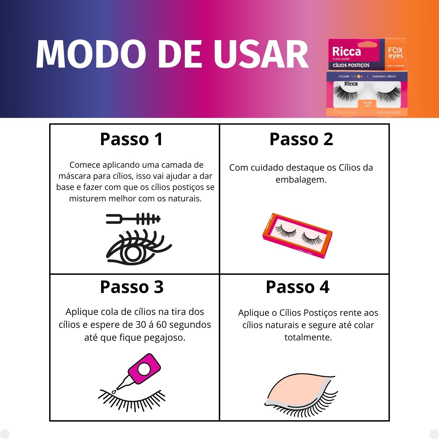 Cílios Postiços Ricca Belliz Flash Lashes Fox Eyes Glow Cat Vol:3
