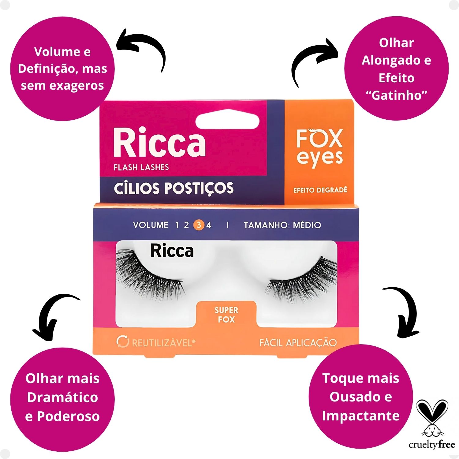 Cílios Postiços Ricca Belliz Fox Eyes Super Fox Vol:3 Médio Cód