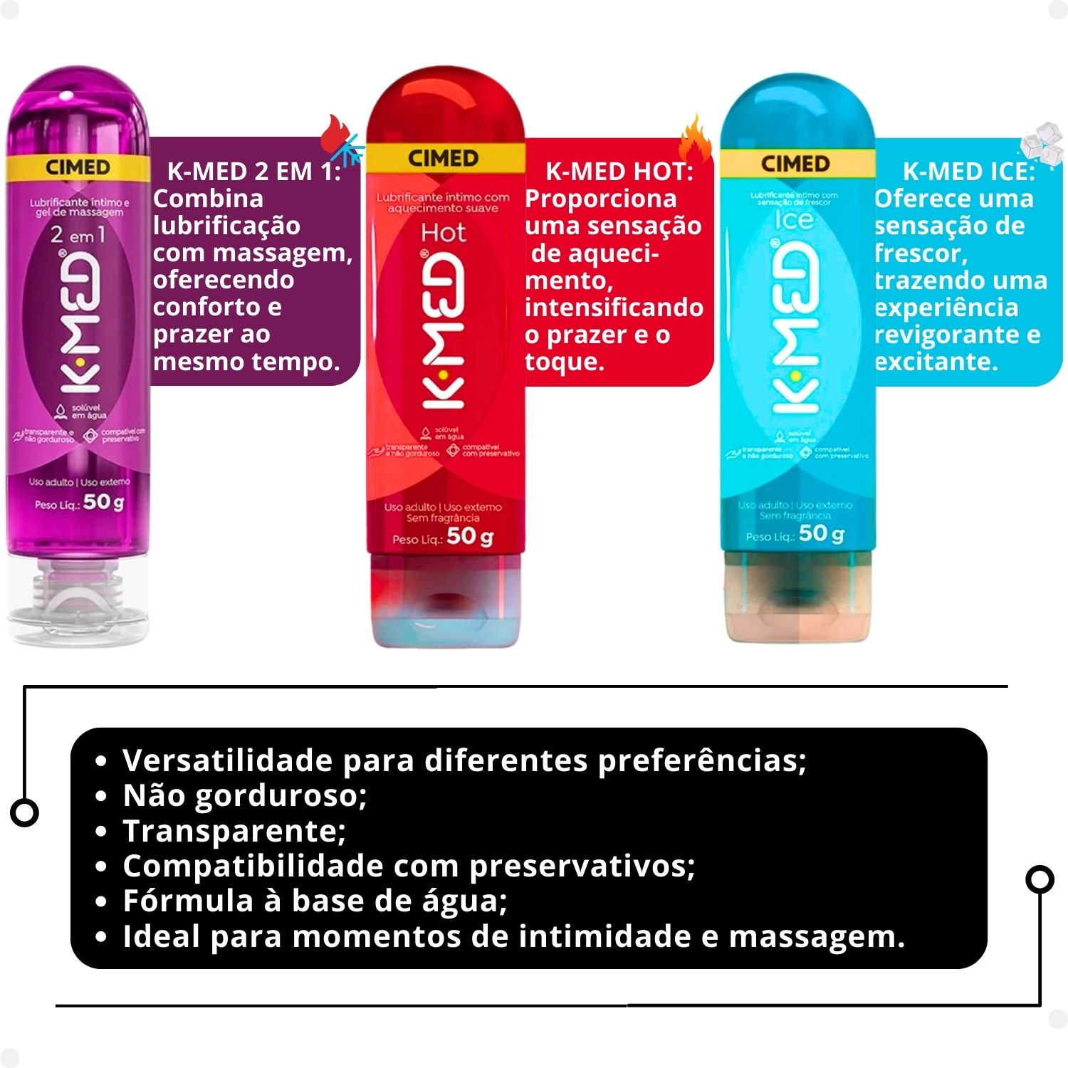 Kit Lubrificantes K-Med Trio: Hot, Ice e 2 em 1 50g - Teruya
