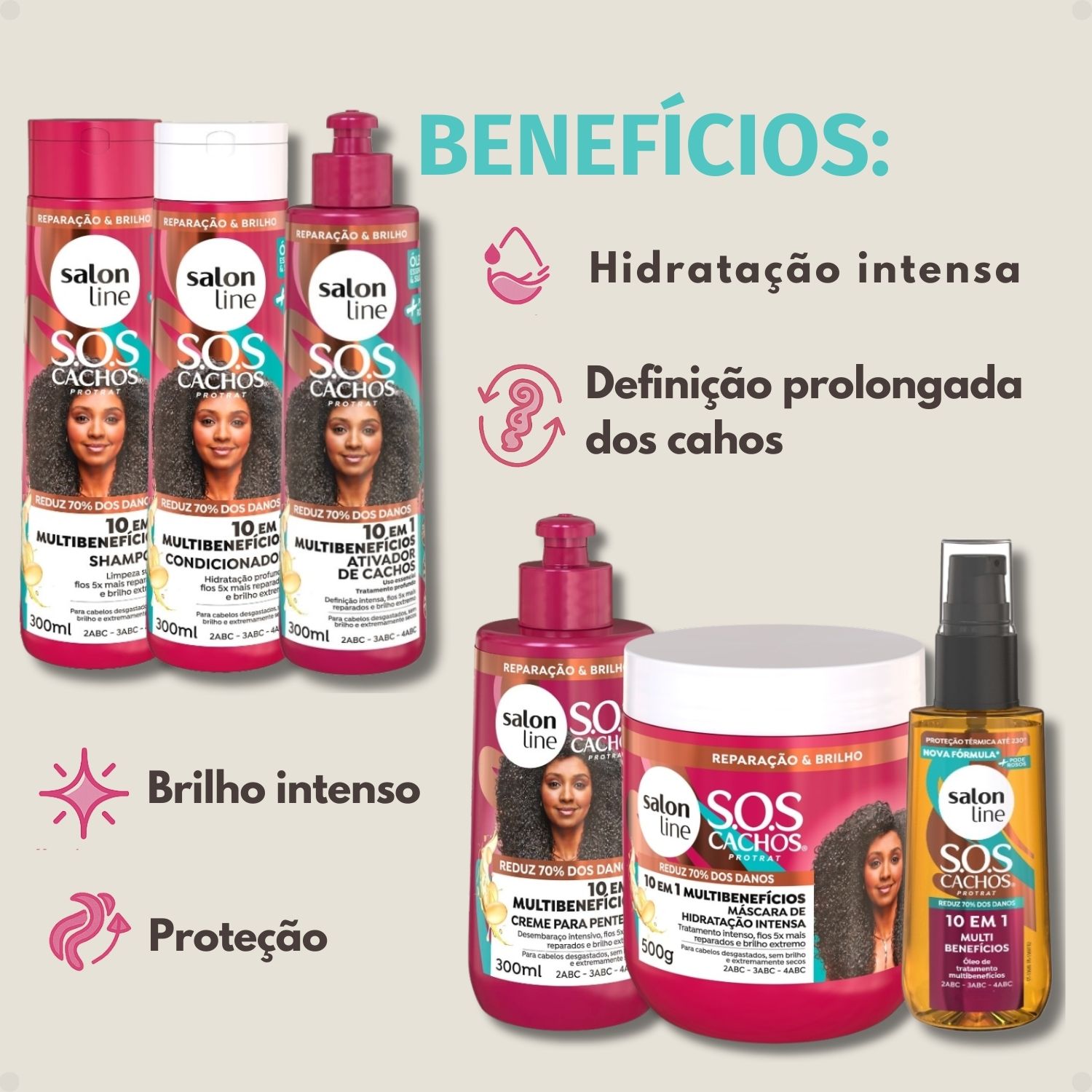 ​サロライン SOS カリョス 10-in-1 豪華4点セット Kit Salon Line SOS Cachos 10 Em 1 Multibenefícios Completo + Mimos