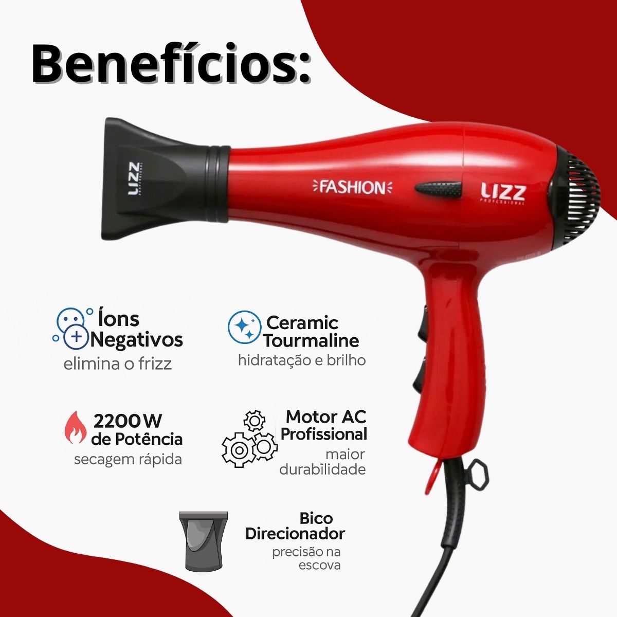 Secador Lizz Fashion vermelho 2200w 220v - Teruya - Cosméticos e