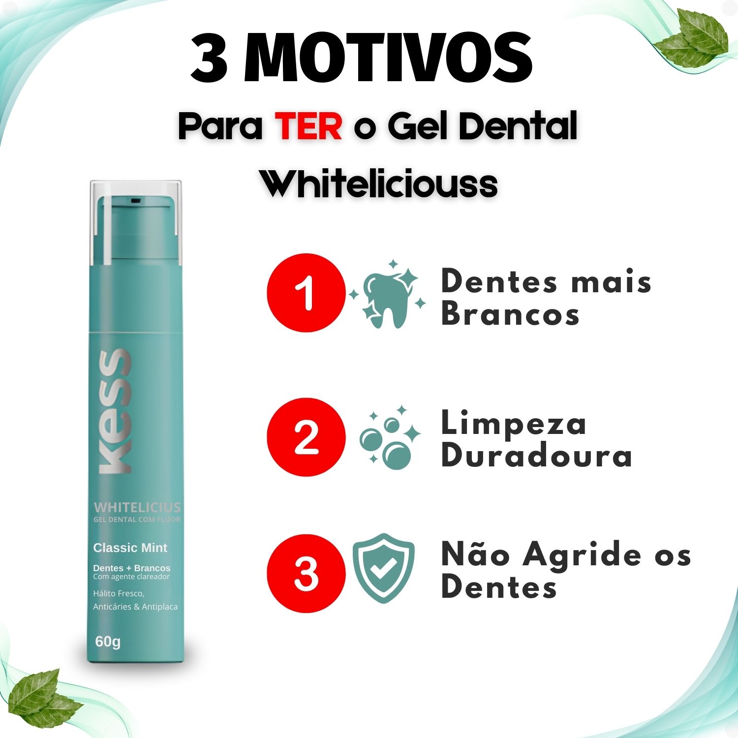 Gel Dental Kess Whitelicious Dentes Mais Brancos Classic Mint 60g