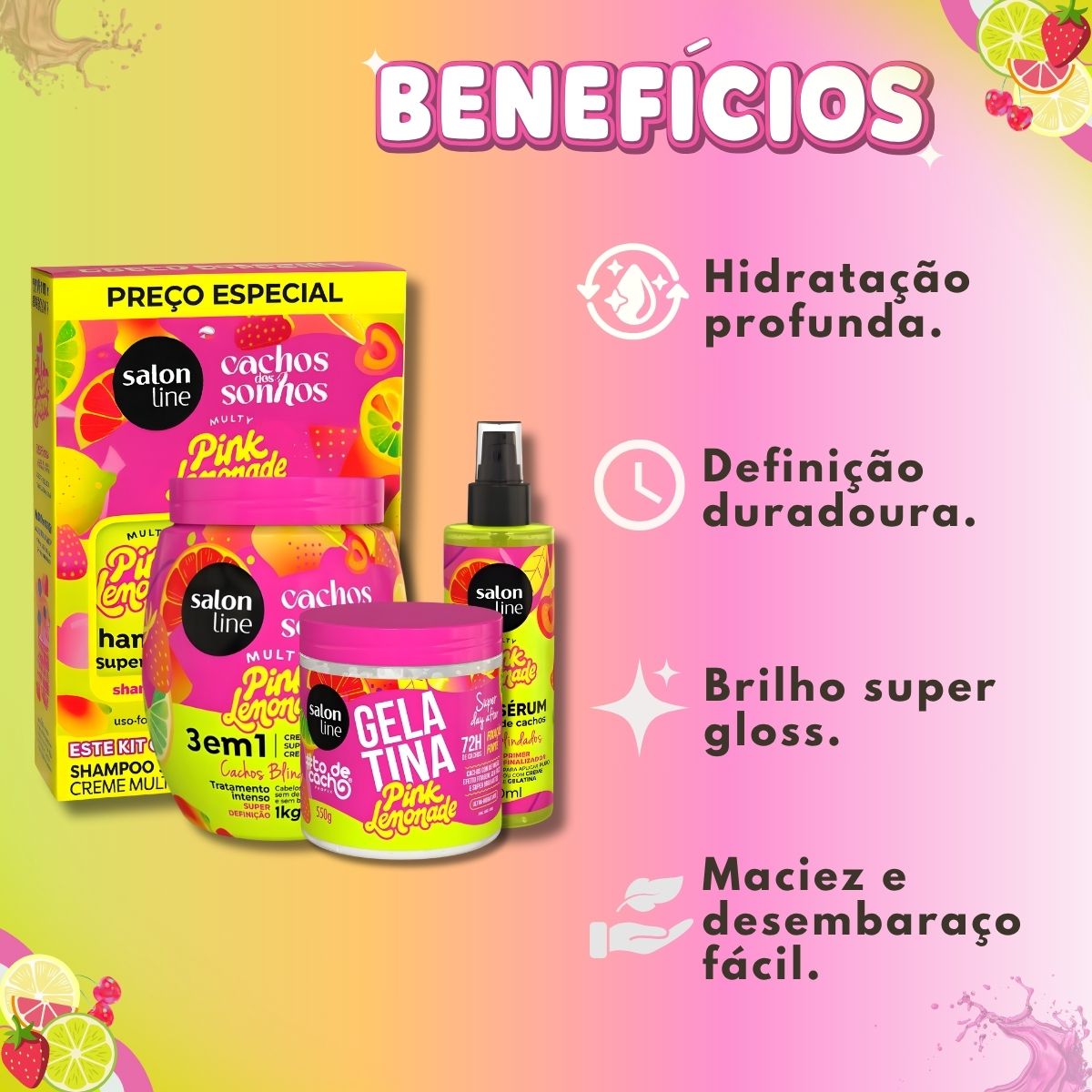 Kit Salon Line Pink Lemonade Cachos Dos Sonhos Completo + Mimos