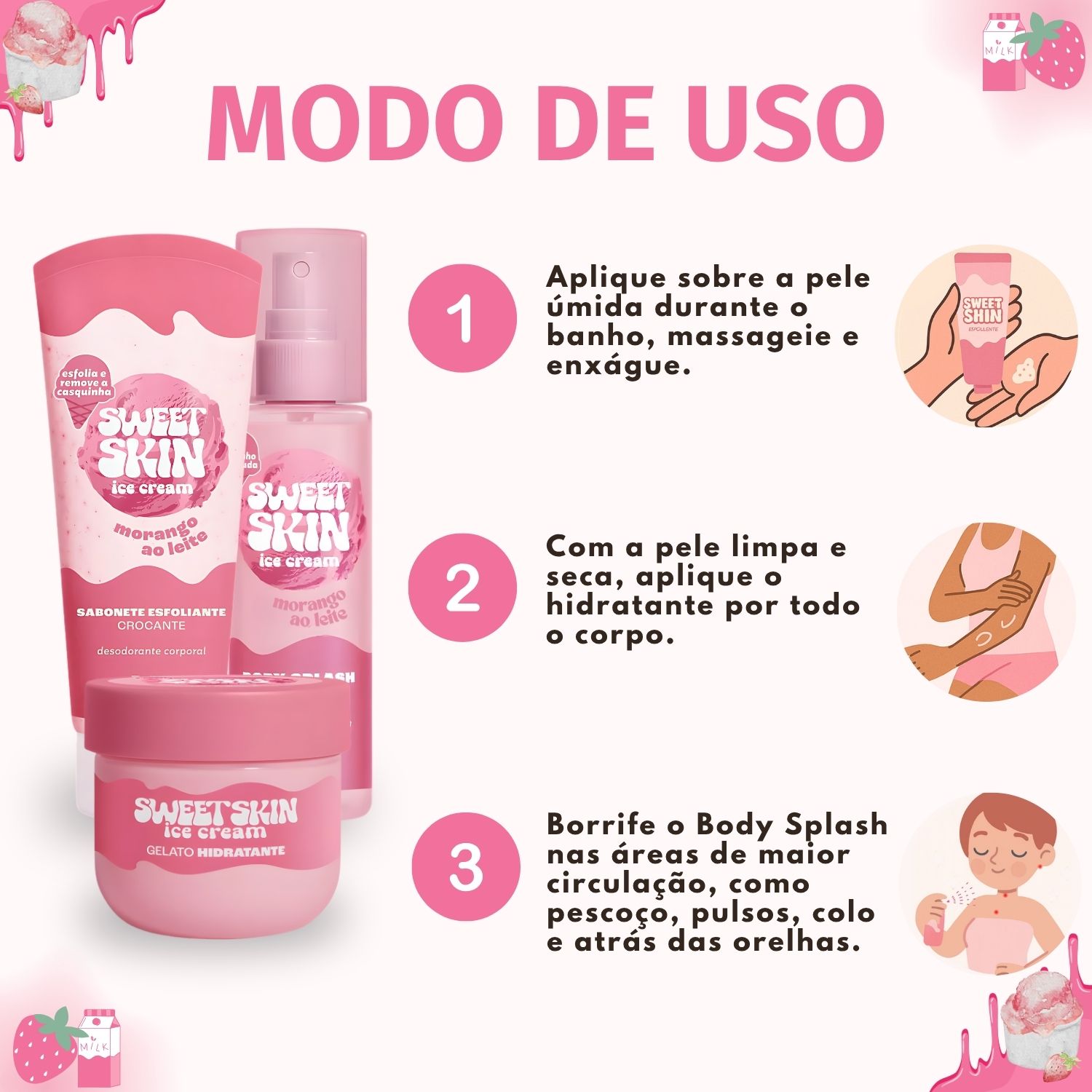 Kit Dailus Sweet Skin Ice Cream Morango Ao Leite: Sabonete