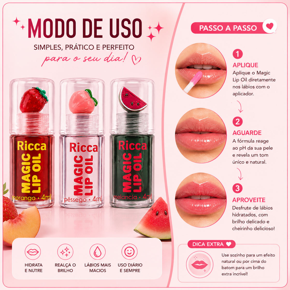 Kit Ricca Magic Lip Oil: Morango, Melancia e Pessego - Teruya