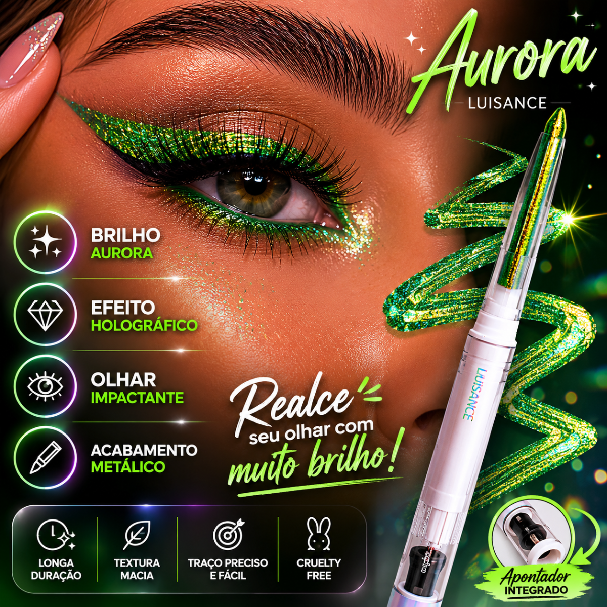 Lápís Holográfico Para Olhos Luisance Aurora Com Apontador Verde