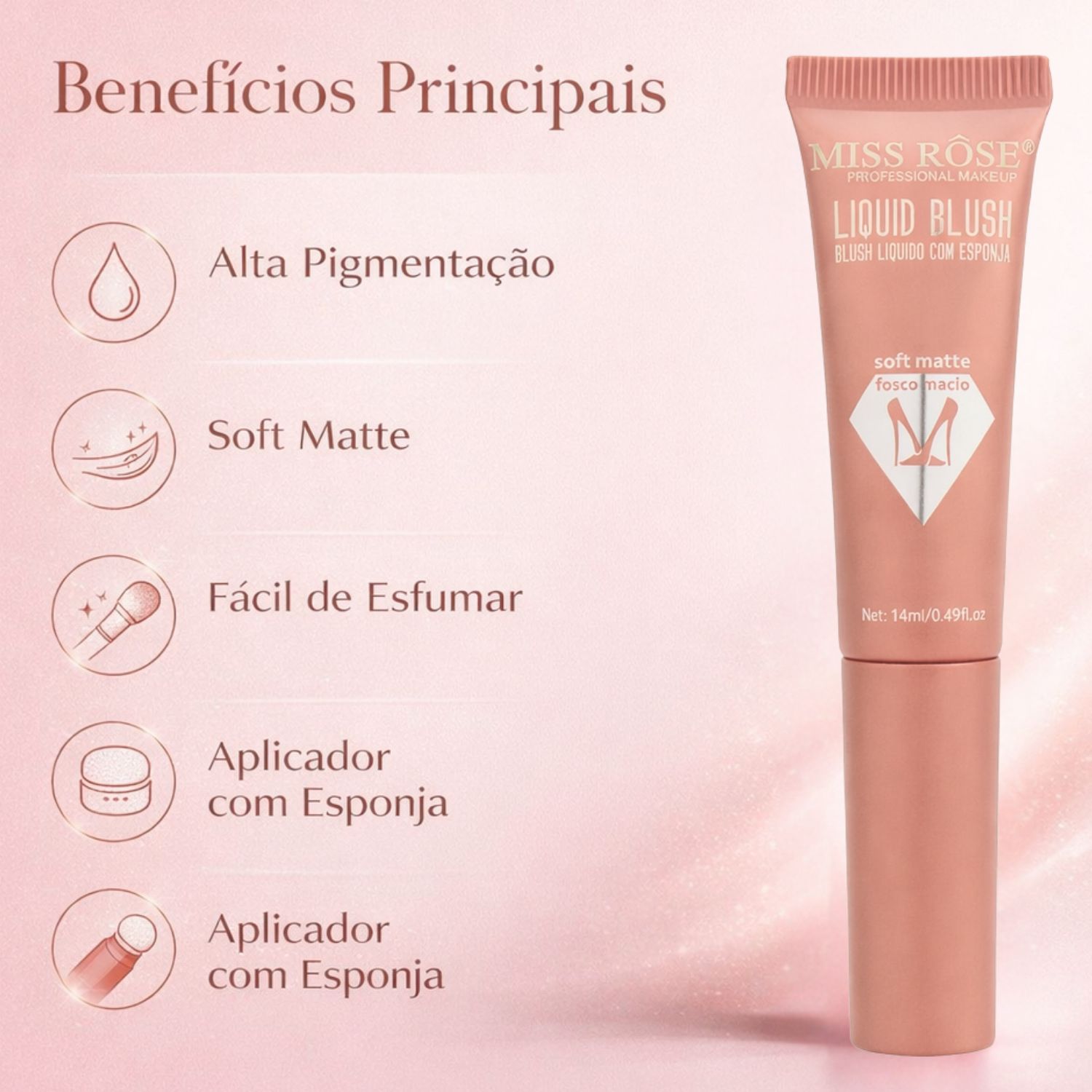 Blush Líquido Com Esponja Miss Rôse Fosco Macio 04 14ml - Teruya