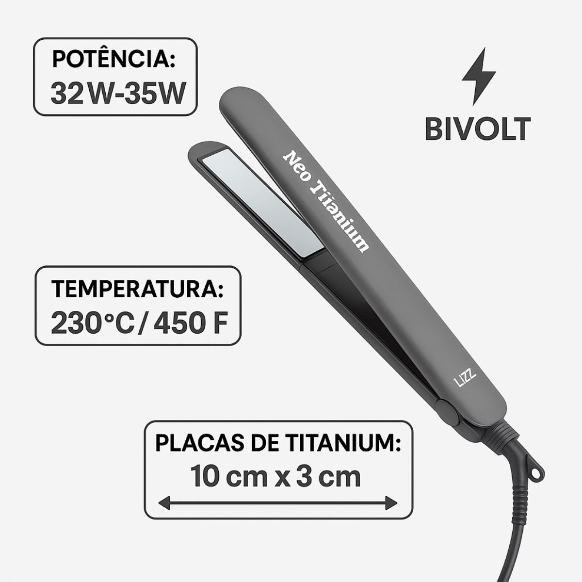 Prancha Lizz Neo Titanium Cinza 230°C Bivolt + Mimo - Teruya