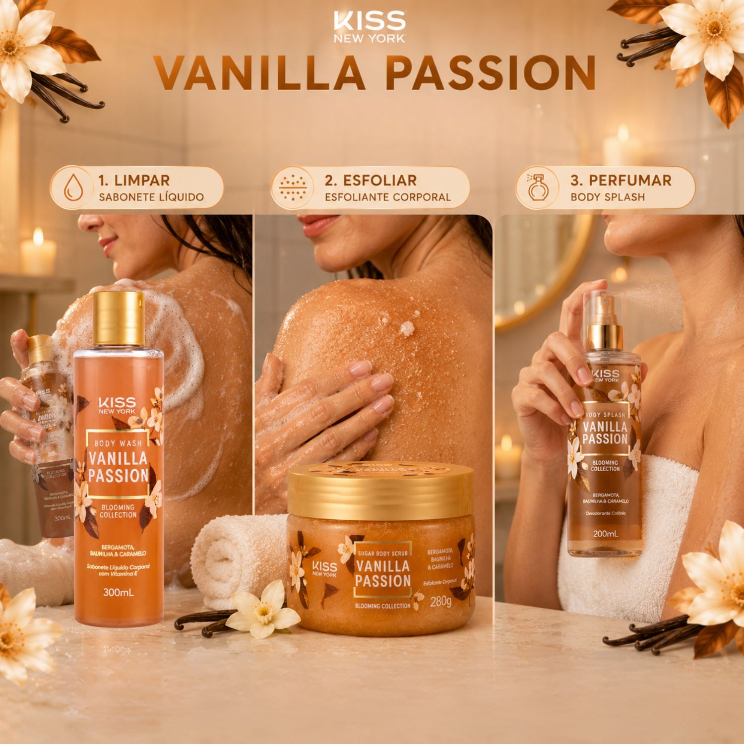 Aysya Fantaysya Body Lotion 3本セット Kit Kiss Ny Vanilla Passion: Sabonete Líquido 300ml, Esfoliante