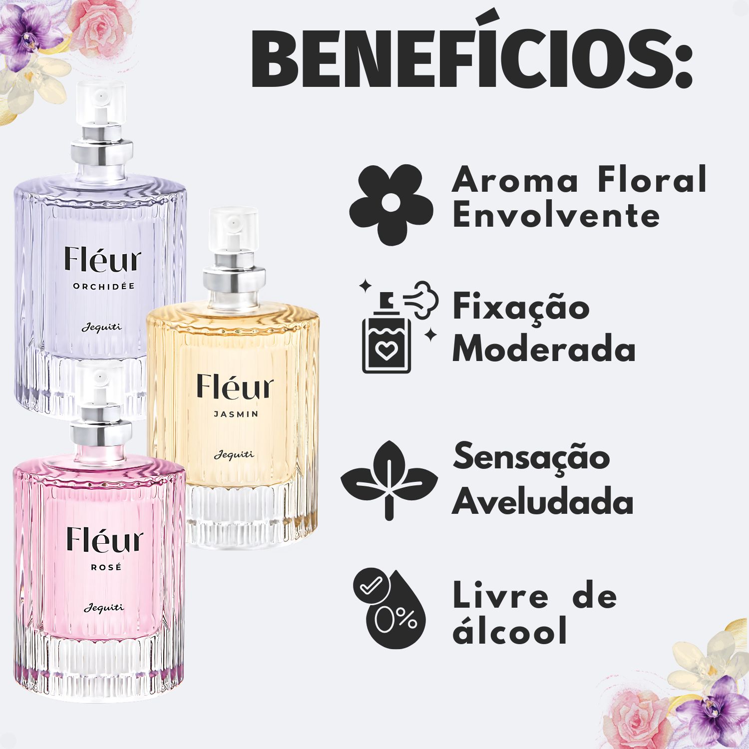 Kit Jequiti Fléur Colônia Feminina Floral | Orchidée Jasmin Rosé