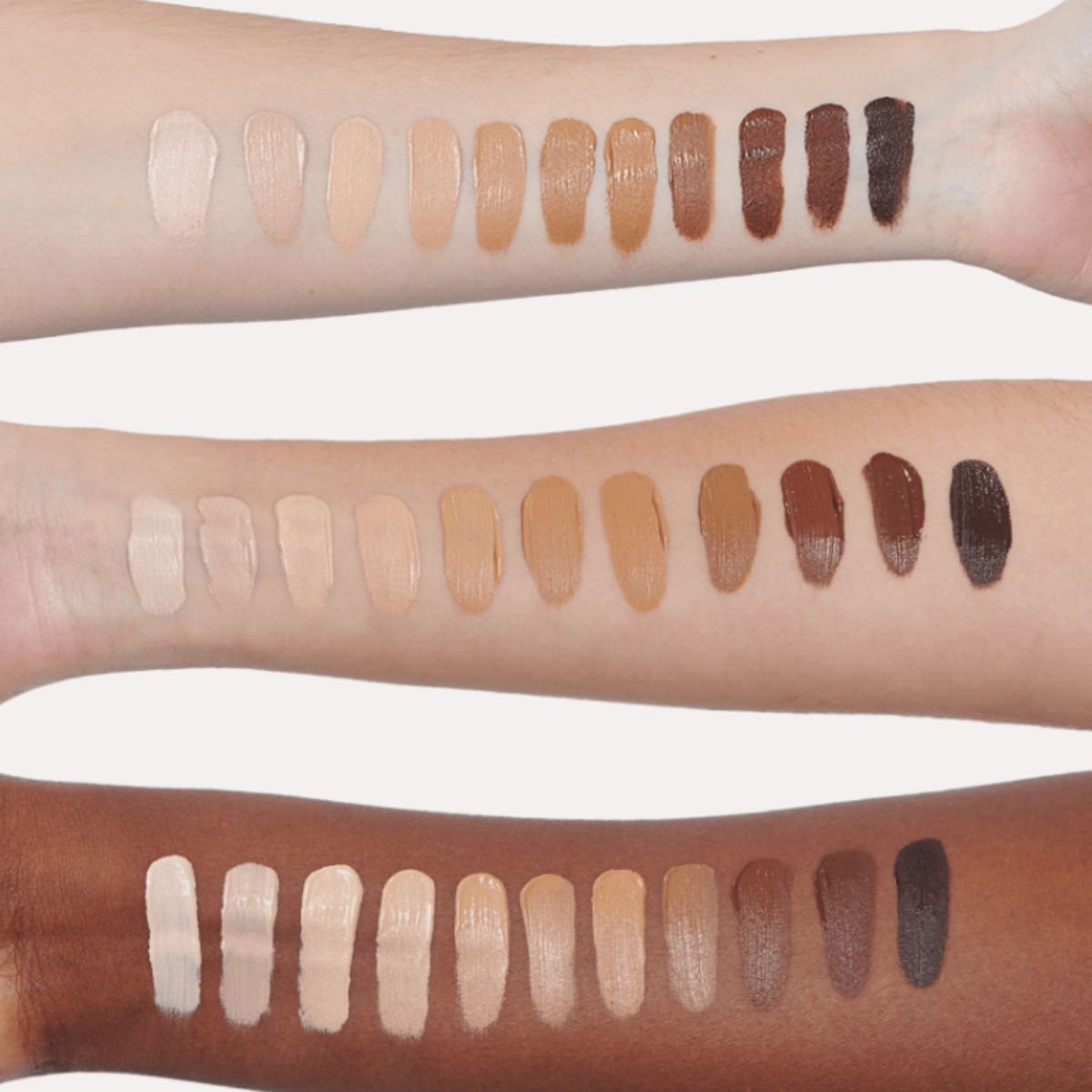 Swatches dos 11 tons comuns H1 a H11 da Base Hype Up Mari Maria em diferentes tons de pele