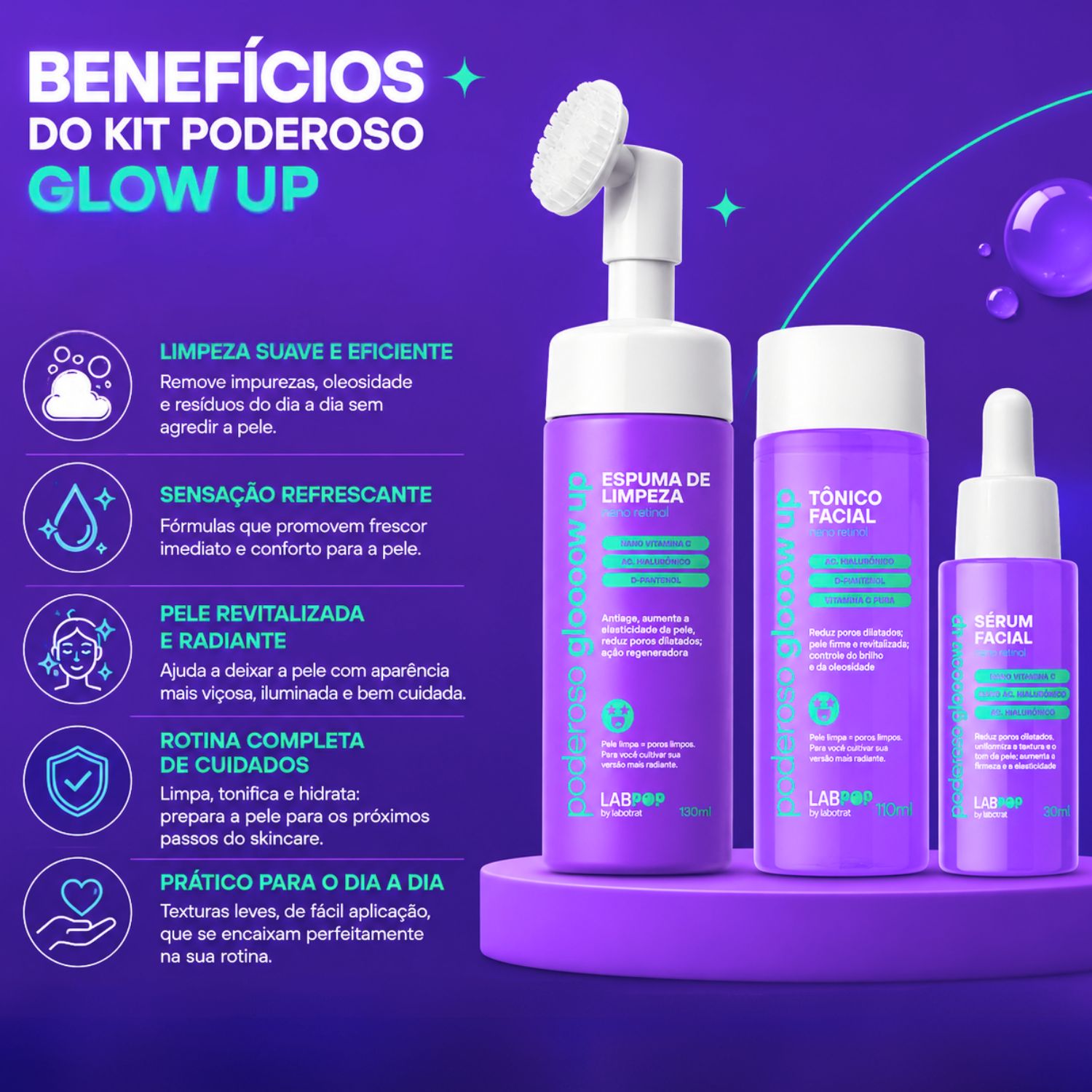 Kit LabPop by Labotrat Poderoso Glow Up: Espuma de Limpeza, Tônico
