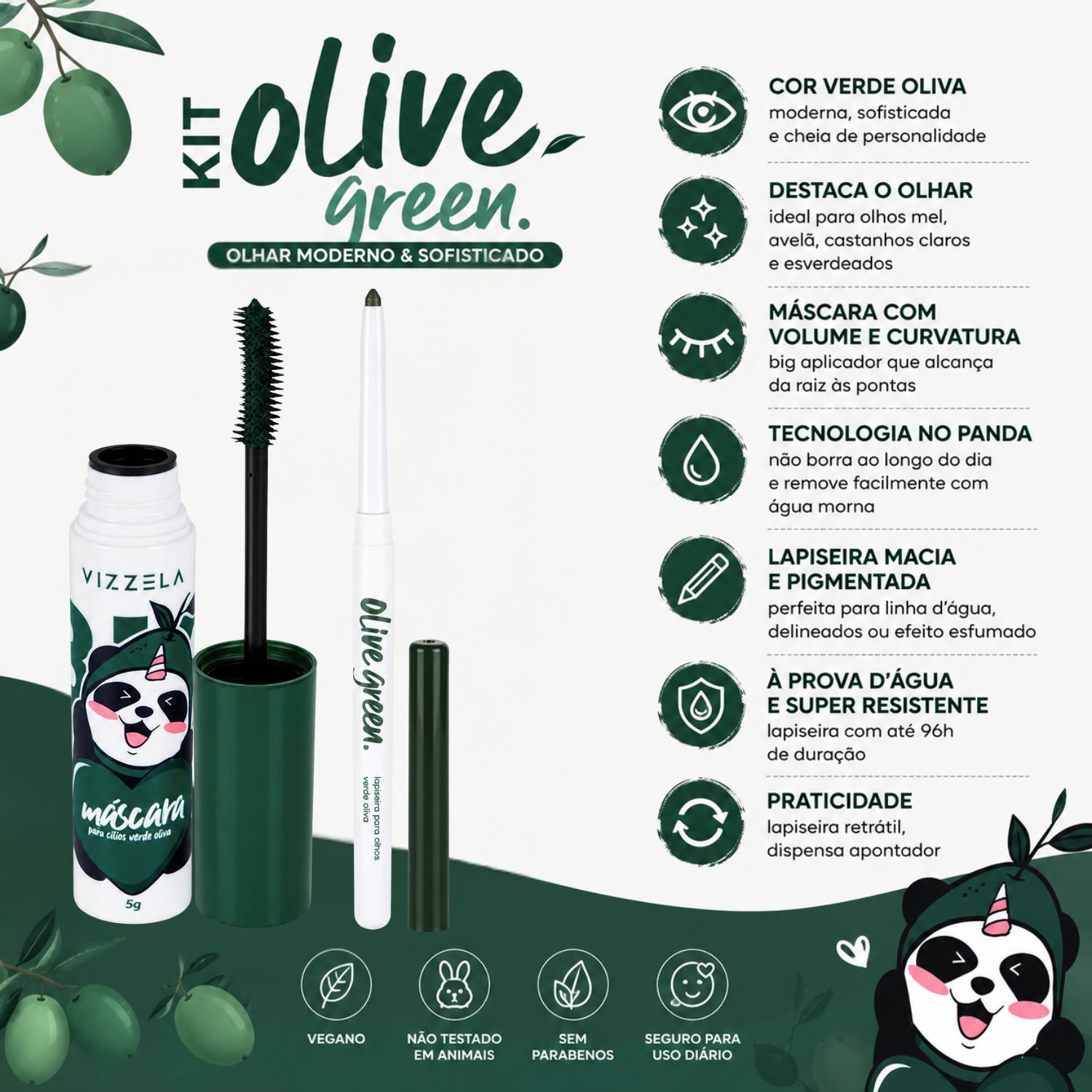 Kit Vizzela Olive Green: Máscara para Cílios Big No Panda e