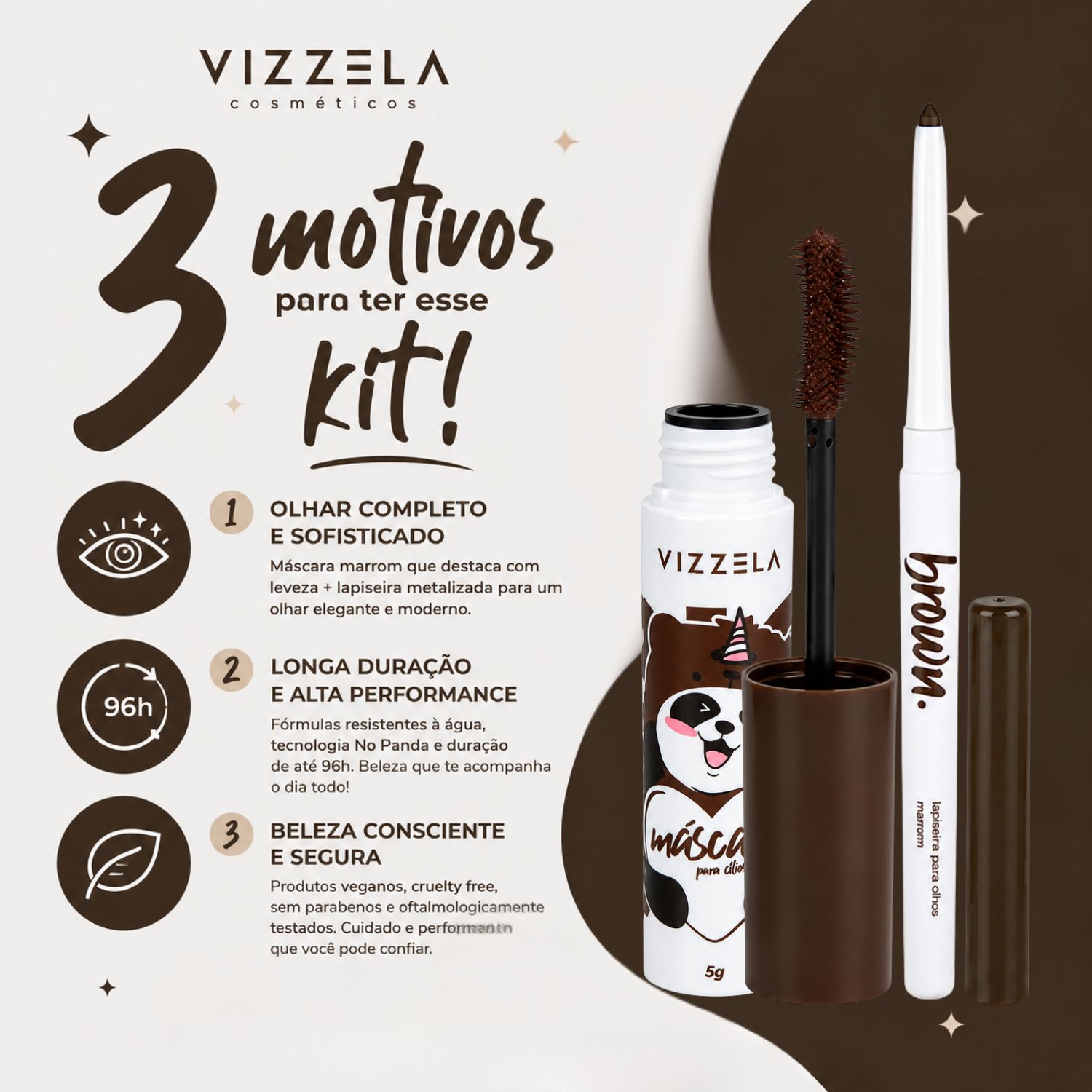 Kit Vizzela Brown: Máscara para Cílios Big No Panda e Lapiseira