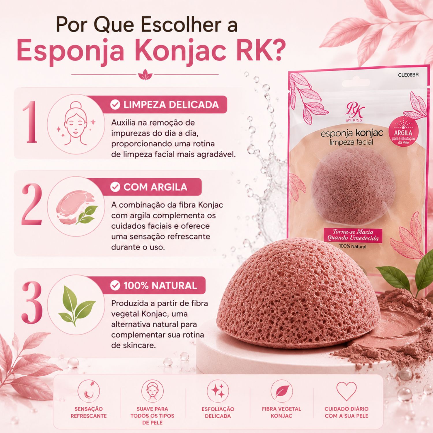 Esponja Para Limpeza Facial Rk By Kiss Konjac De Argila Ref