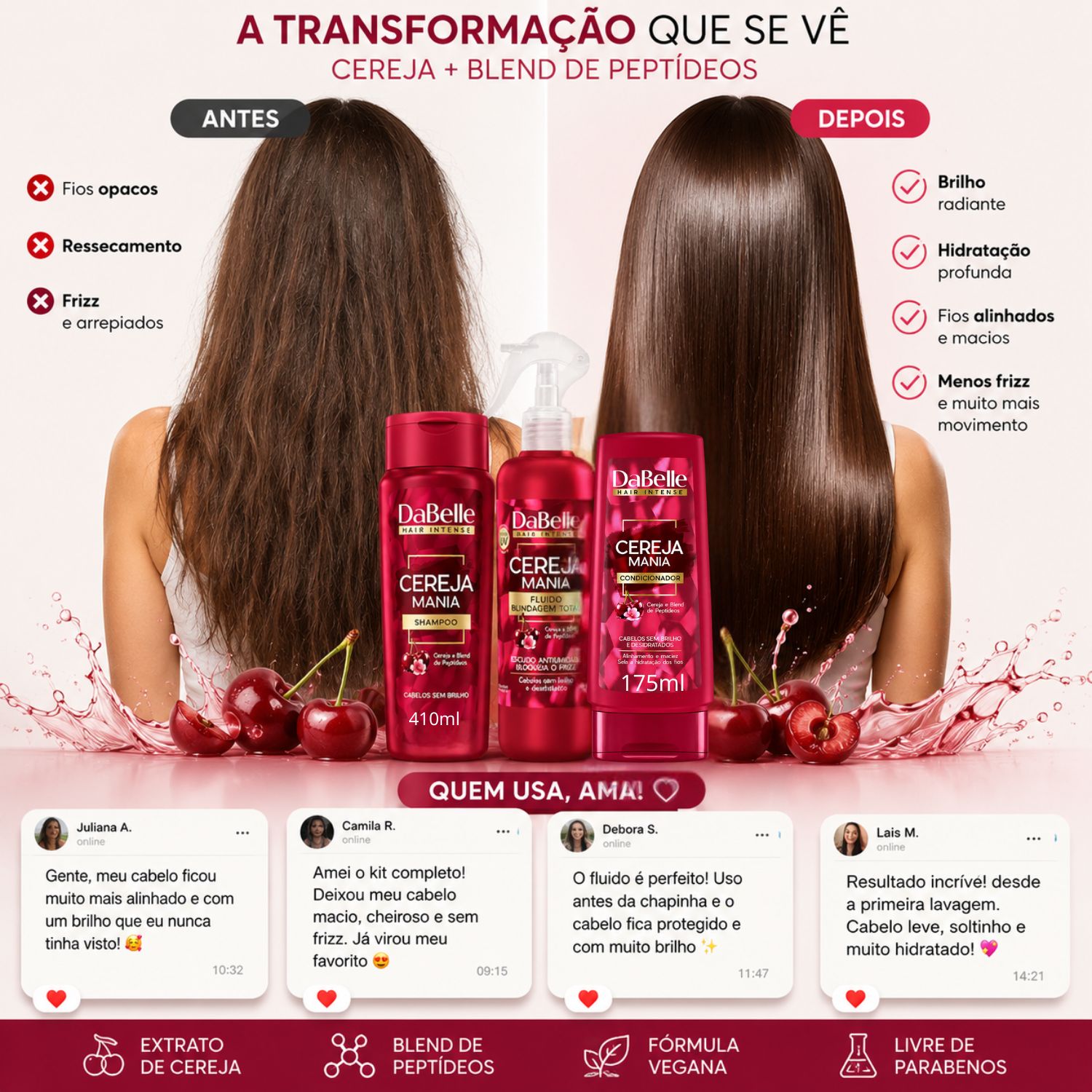 Kit DaBelle Cereja Mania: Shampoo 410ml e Condicionador 175ml +
