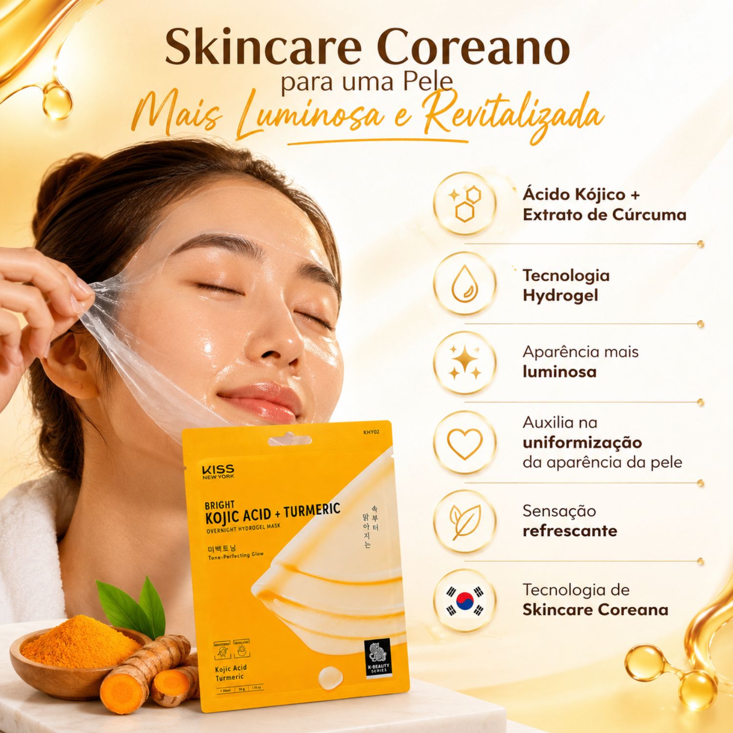Máscara Facial De Gel Kiss New York Ácido Kójico e Açafrão Brigh