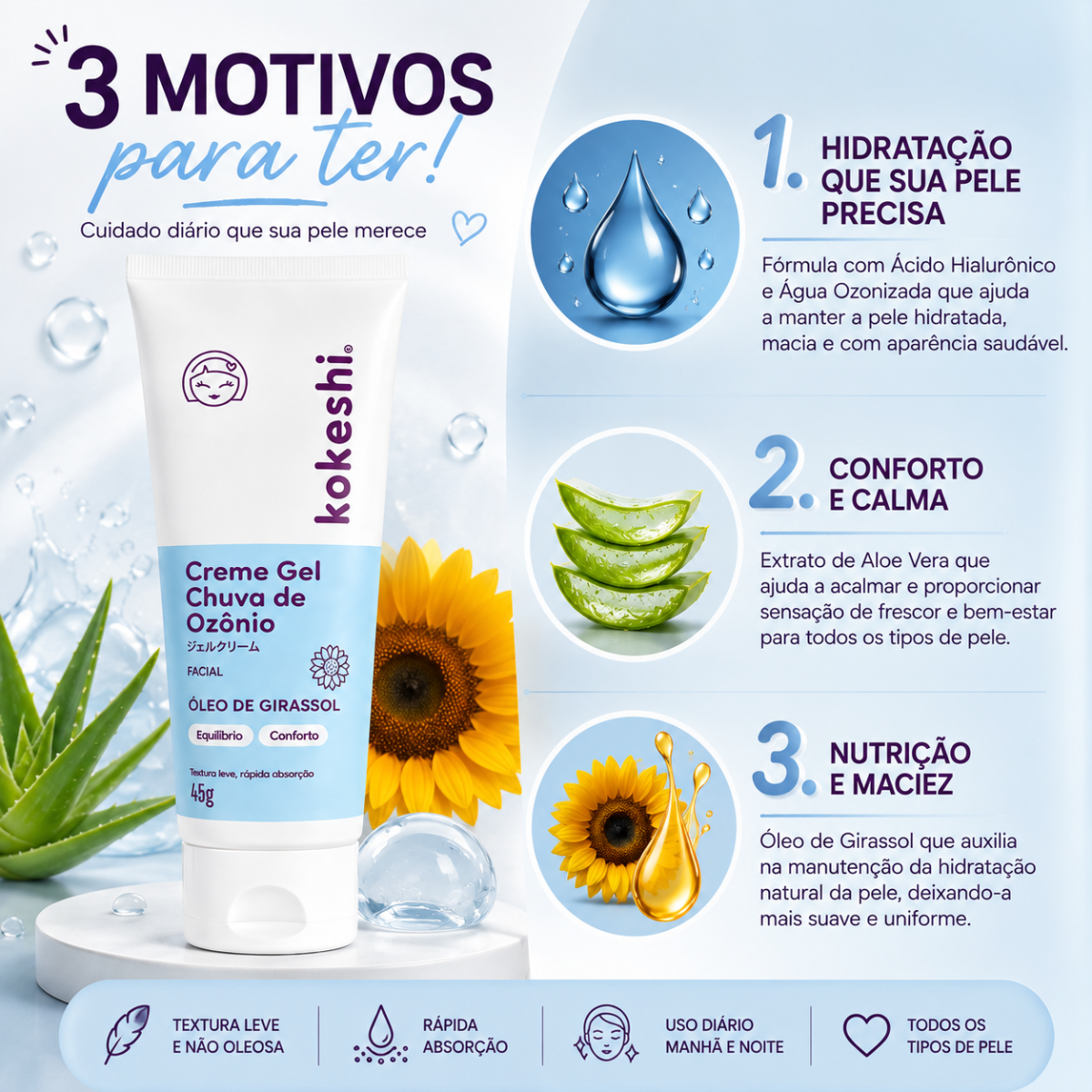 Creme Gel Facial Kokeshi Chuva De Ozônio Óleo De Girassol 45g